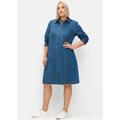 Jeanskleid SHEEGO "Jeanskleid", Damen, Gr. 42, Normalgrößen, blau (blau denim), 98% Baumwolle, 2% Elasthan, unifarben, knielang, Langarm, Kleider