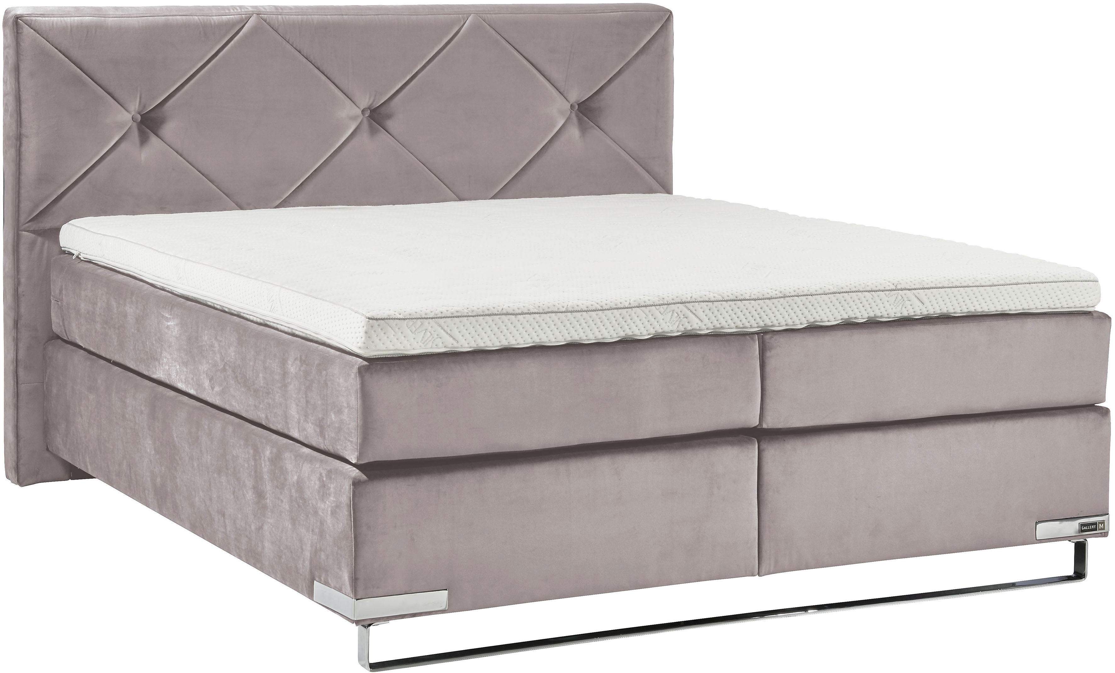 Boxspringbett "Dubai", lila (d 531 flieder), B:177cm L:214cm, GALLERY M BRANDED BY MUSTERRING, Komplettbetten, Boxspringbett, Kufe in Chrom, 3 Härtegrade, Kopfteil mit Knopfheftung Image