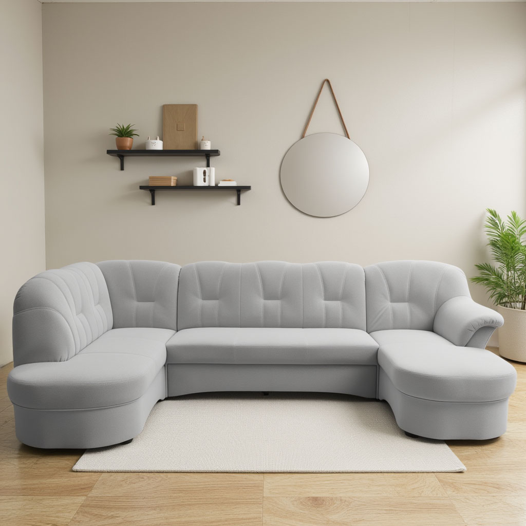Wohnlandschaft DOMO COLLECTION "Flores auch in Leder-Bezug, B/T/H: 293/180/86 cm, U-Form", silber, B:293cm H:84cm T:182cm, 100% Polyester, Sofas, wahlweise mit Bettfunktion, wahlweise mit Federkern, Topseller