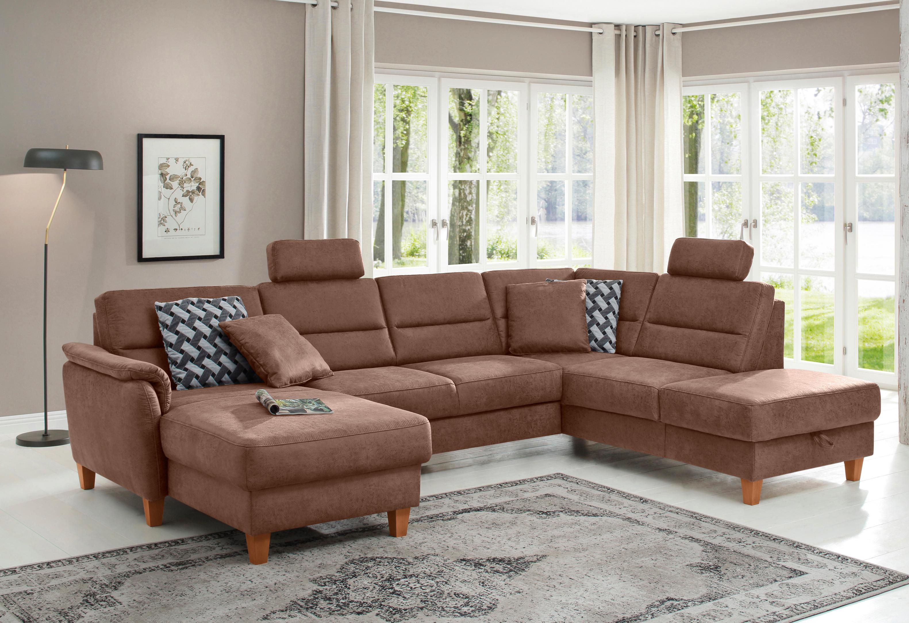 Wohnlandschaft HOME AFFAIRE "Palmera U-Form, B: 308 cm", braun (haselnuss), B:308cm H:89cm T:212cm, 100% Polyester;Struktur (100% Polyester);Luxus-Microfaser in Lederoptik (100% Polyester), Sofas, Wohnlandschaft, optional Bettfunktion & Bettkasten,...