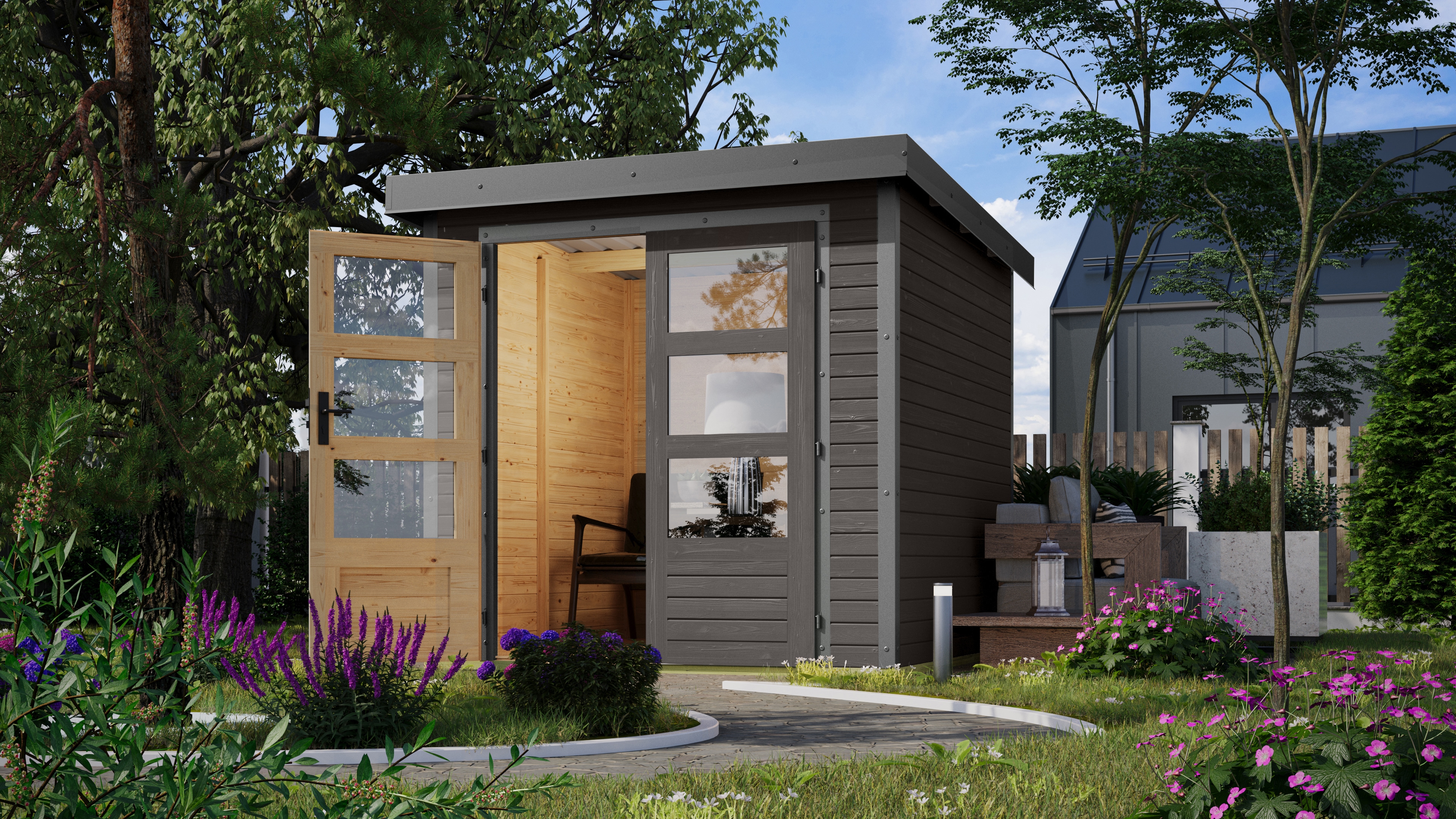 Gartenhaus KARIBU "Jupiter 2 B", grau (terragrau, graualuminium), ohne Fußboden, Massivholz, Stahl, Gartenhäuser, Gartenhaus