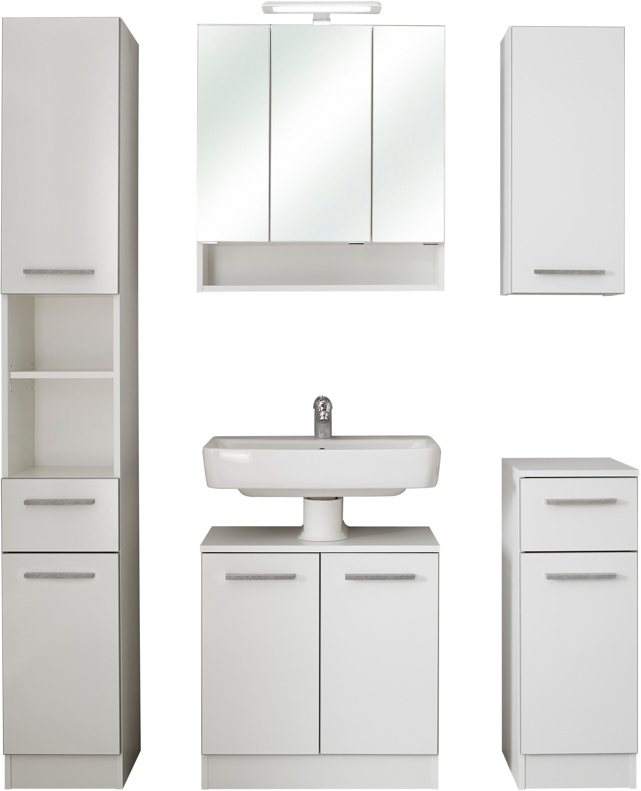 Badmöbel-Set SAPHIR "Quickset 953 5-teilig, Waschbeckenunterschrank und LED-Spiegelschrank", weiß (weiß glanz mit betonkante, weiß), B:125cm H:200cm T:33cm, Holzwerkstoff, Kastenmöbel-Sets, in Weiß Glanz, Badmöbel inkl. Türdämpfer, ohne Waschbecken,... Image