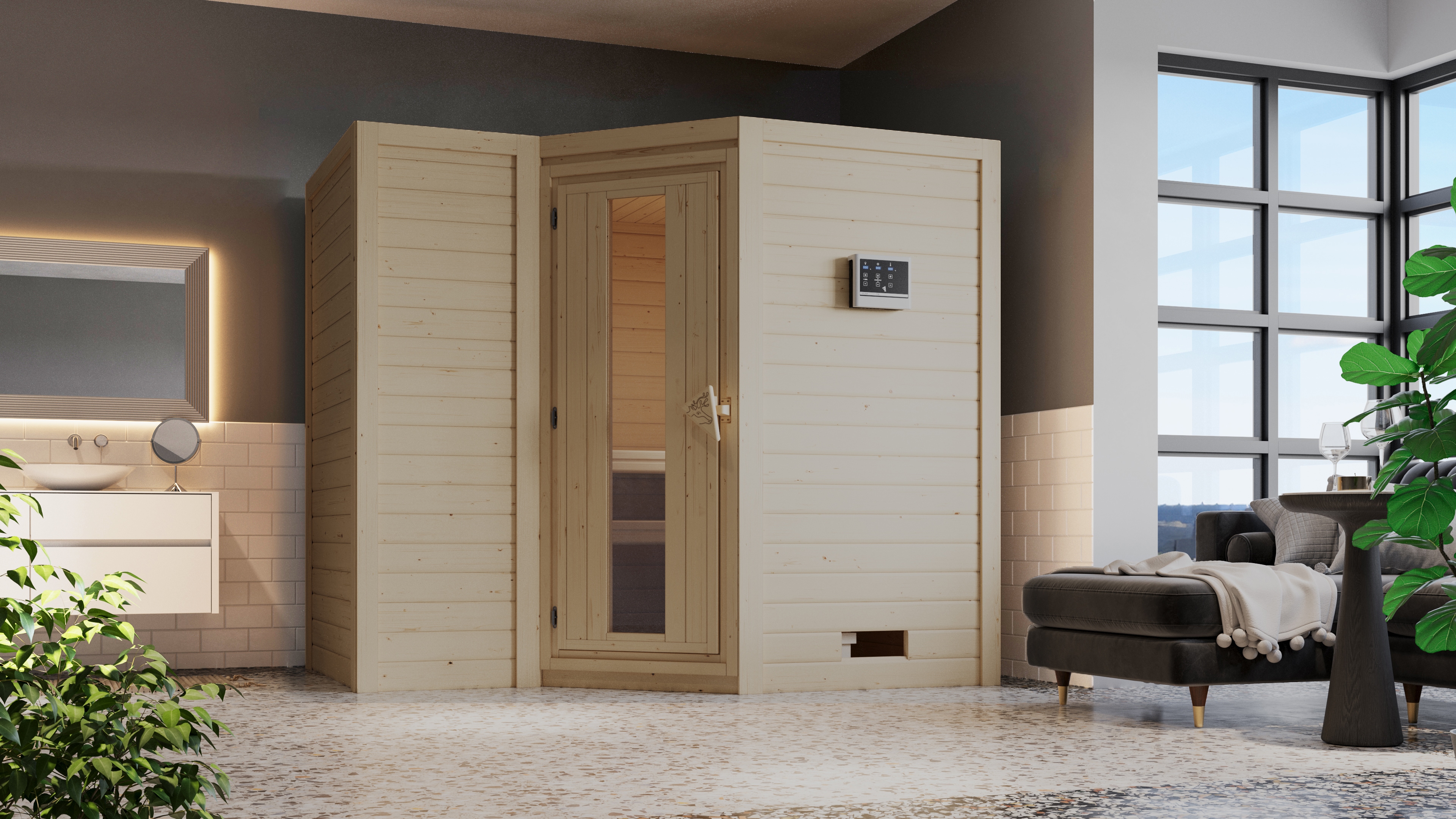 Sauna KARIBU "Sanna 2", beige (naturbelassen), Saunaofen, integrierte Steuerung, 9 kW, Saunen, 9-kW-Ofen mit integrierter Steuerung Image