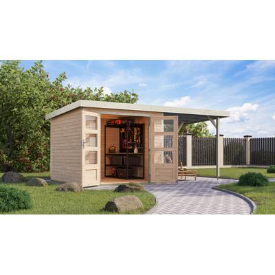 Gartenhaus KARIBU "Jupiter 3,5", naturbelassen, weiß, ohne Fußboden, ohne Rück- und Seitenwand, ohne Dacheindeckung, Holz, Stahl, Gartenhäuser, in verschiedenen Farben, mit Anbaudach 2,35 m breit Image
