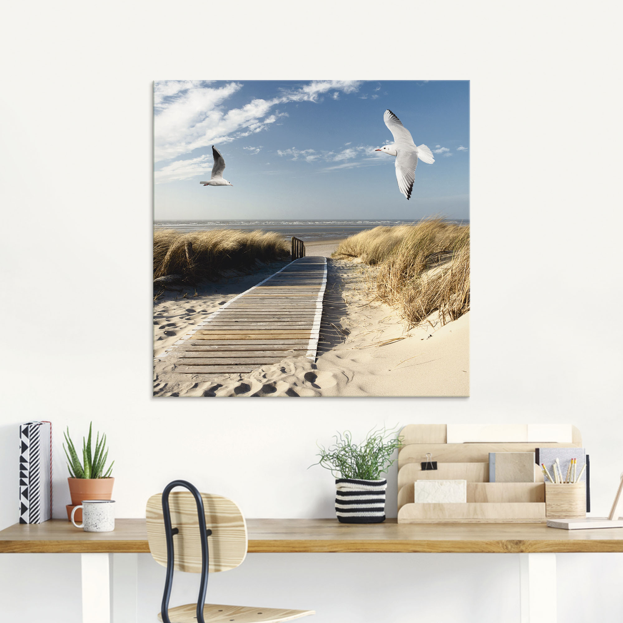 Glasbild ARTLAND "Nordseestrand auf Langeoog mit Möwen", blau (farbe bild(er): blau), B:20cm H:20cm, Bilder, in verschiedenen Größen Image
