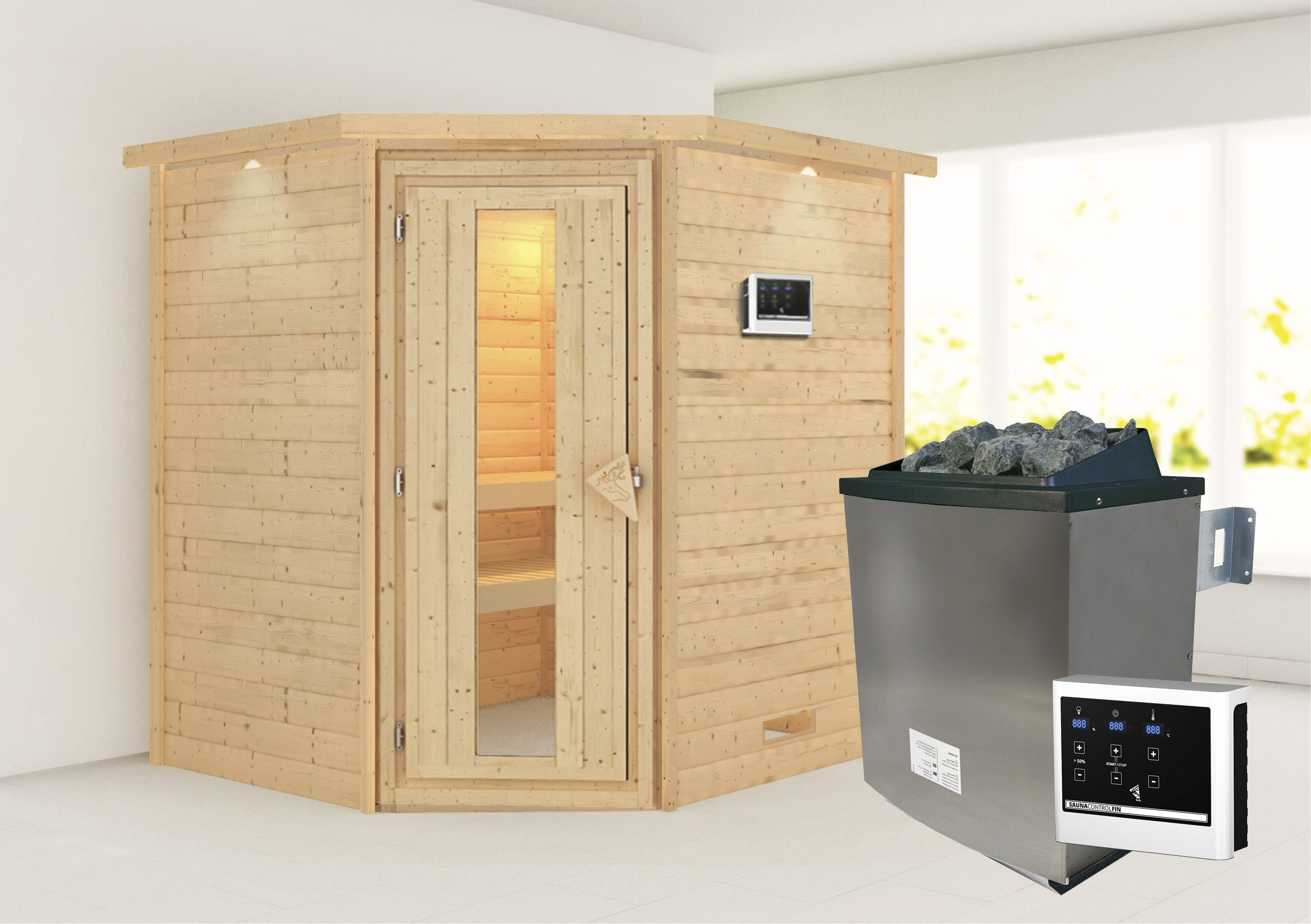 Sauna KARIBU "Mia (Fronteinstieg)", beige (naturbelassen), (ohne Ofen), Saunen, inklusive Ofenschutzgitter und Tür Image