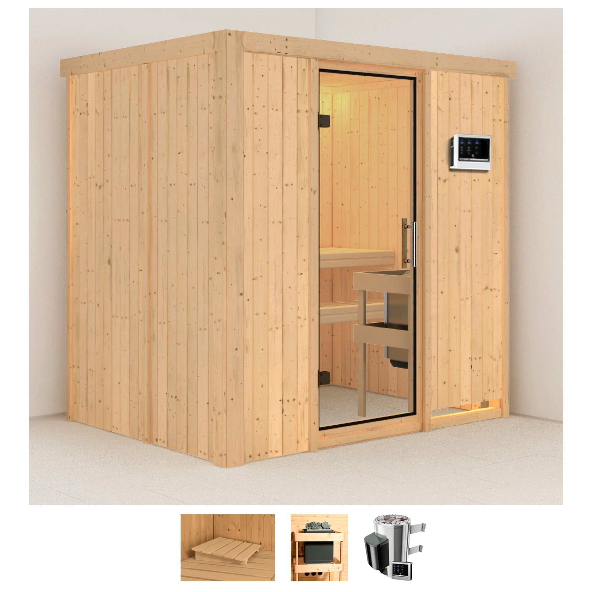 Sauna KARIBU "Finja", beige (naturbelassen), Saunaofen, externe Steuerung, 3,6 kW, Saunen, 3,6-kW-Plug & Play Ofen mit externer Steuerung Image