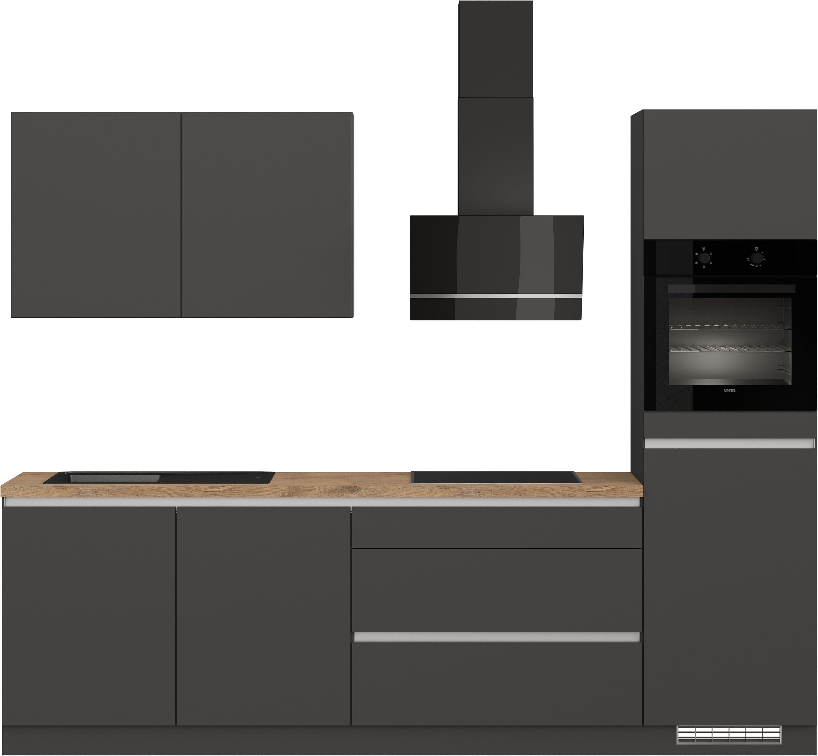 Küchenzeile IMPULS KÜCHEN ""Dublin", Anti Fingerprint Oberfläche, Schubkästen mit Soft-Close", grau (küche: grau, front: grafit, korpus: grafit, arbeitsplatte: vintage eiche, nachbildung), B:280cm H:222cm T:60cm, Komplettküchen-Sets, Küchenzeile,...