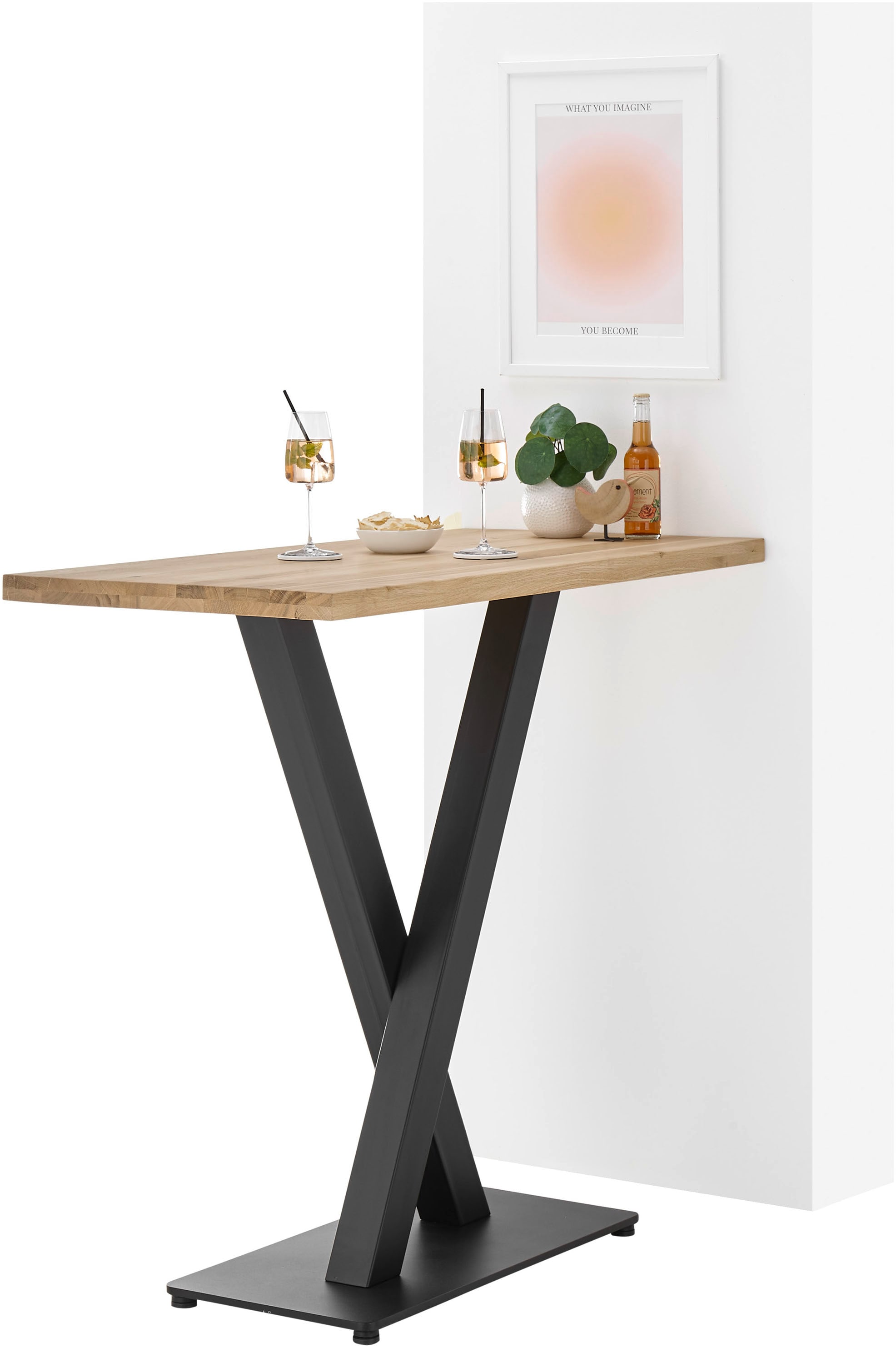 Bartisch STOLKOM "Duke Eiche Massivholz geölt, Hochtisch BxHxT 120x104x60 cm", braun (eiche massiv, schwarz, eiche massiv), H:104cm, Tische, Gerade Kante, Eiche Massivholz geölt durchgehende Lamelle