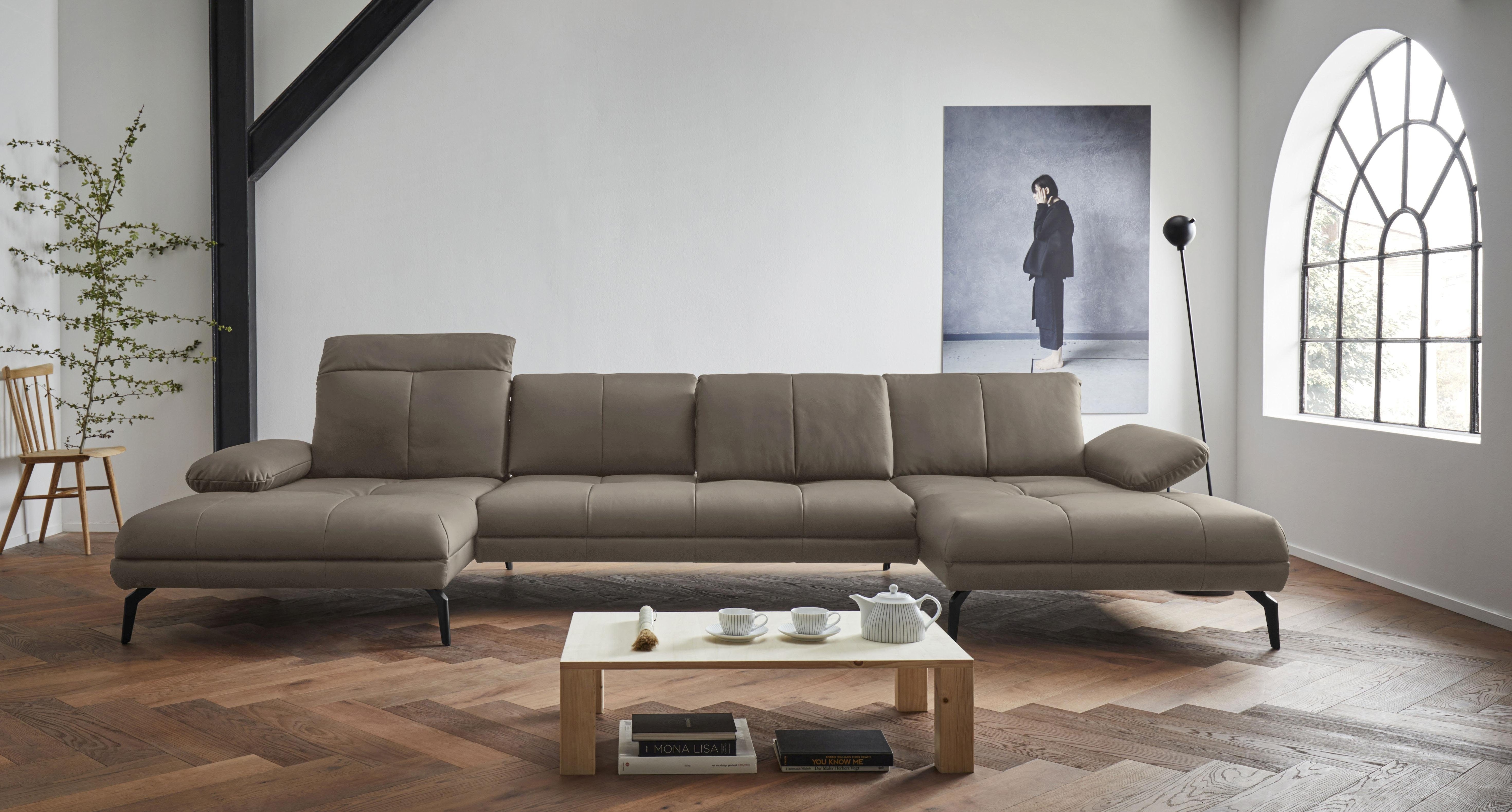 Wohnlandschaft HOME AFFAIRE "Stenlille Multifunktions-Sofa, U-Form", grau (taupe), B:374cm H:83cm T:162cm, Struktur weich (100% Polyester);Struktur grob (100% Polyester);100% NaturLEDER, Sofas, Wohnlandschaft, incl. Sitztiefen-, Kopfteil- und...