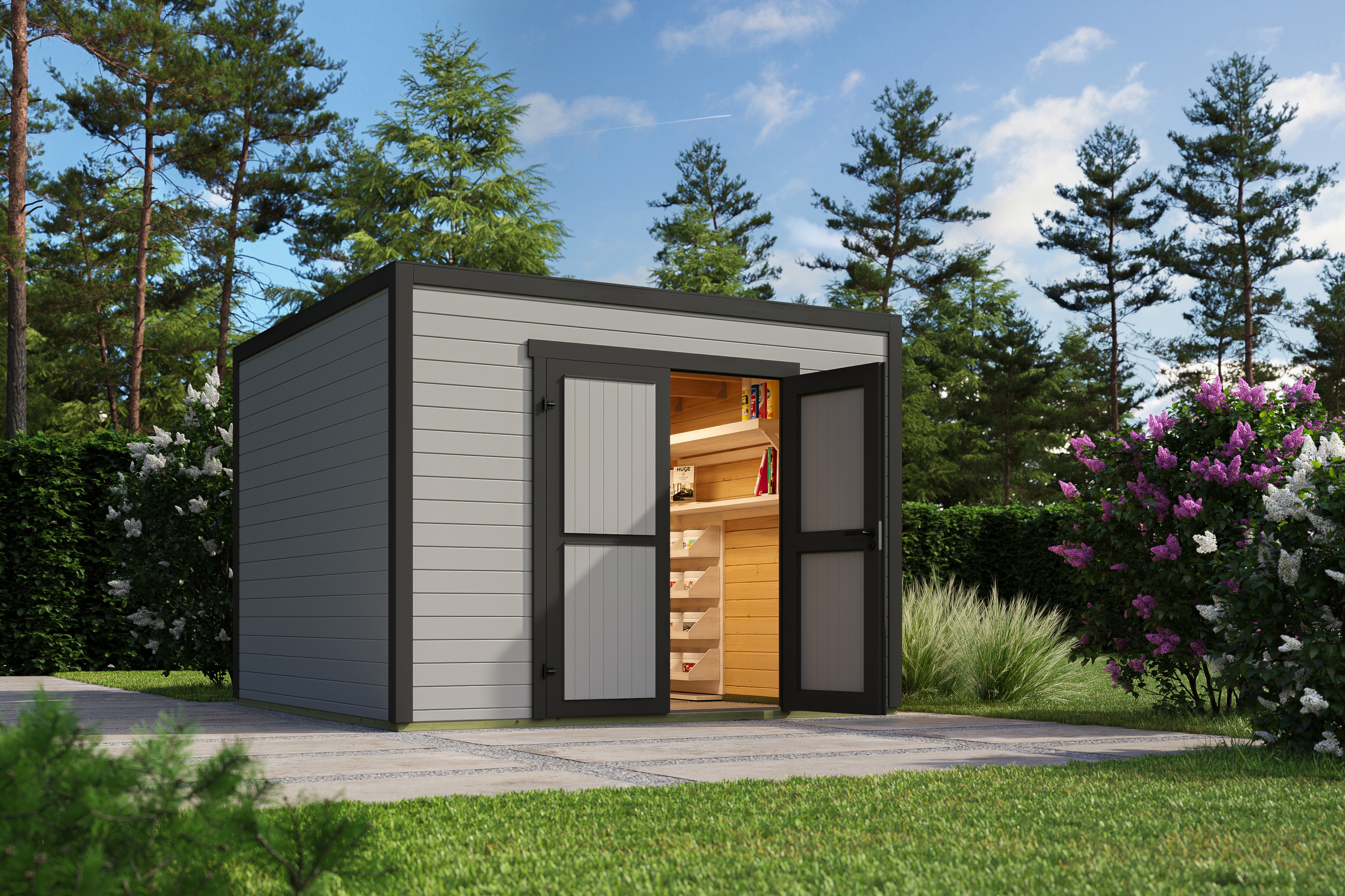 Gartenhaus NORDIC HOLZ "Fynn 3", grau (lichtgrau), ohne Fußboden, Massivholzdach, Holz, Gartenhäuser, Gartenhaus, kleiner stilvoller Schuppen mit Flachdach