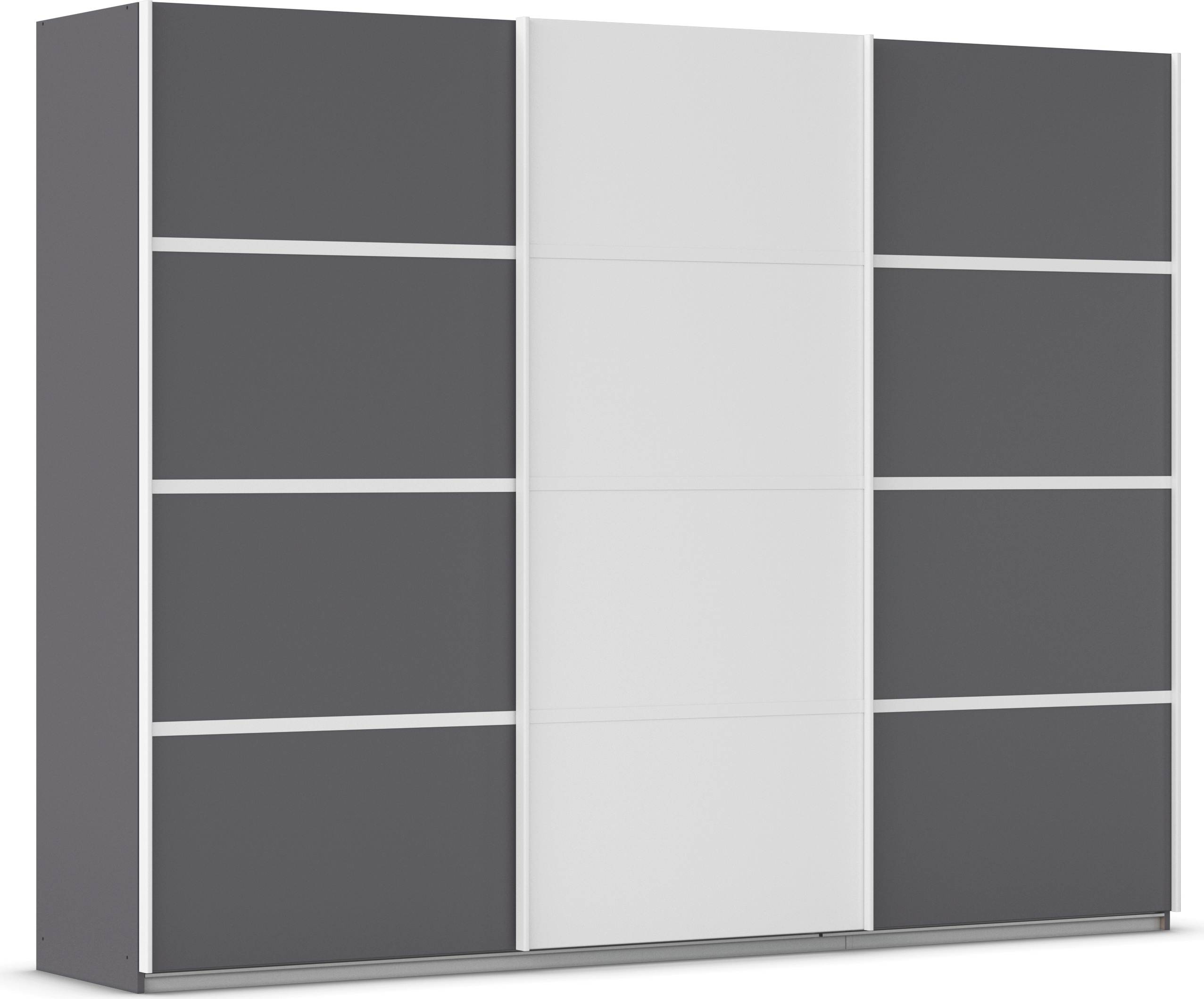 Kleiderschrank RAUCH "Schwebetürenschrank OTTO´s Choice Garderobe Schrank TOP ANGEBOT Avola", grau (graumetallic, alpinweiß, leisten weiß), B:271cm H:229cm T:62cm, Holzwerkstoff, Schränke, mit eleganten Zierleisten in Chrom, Schwarz oder Weiß MADE... Image