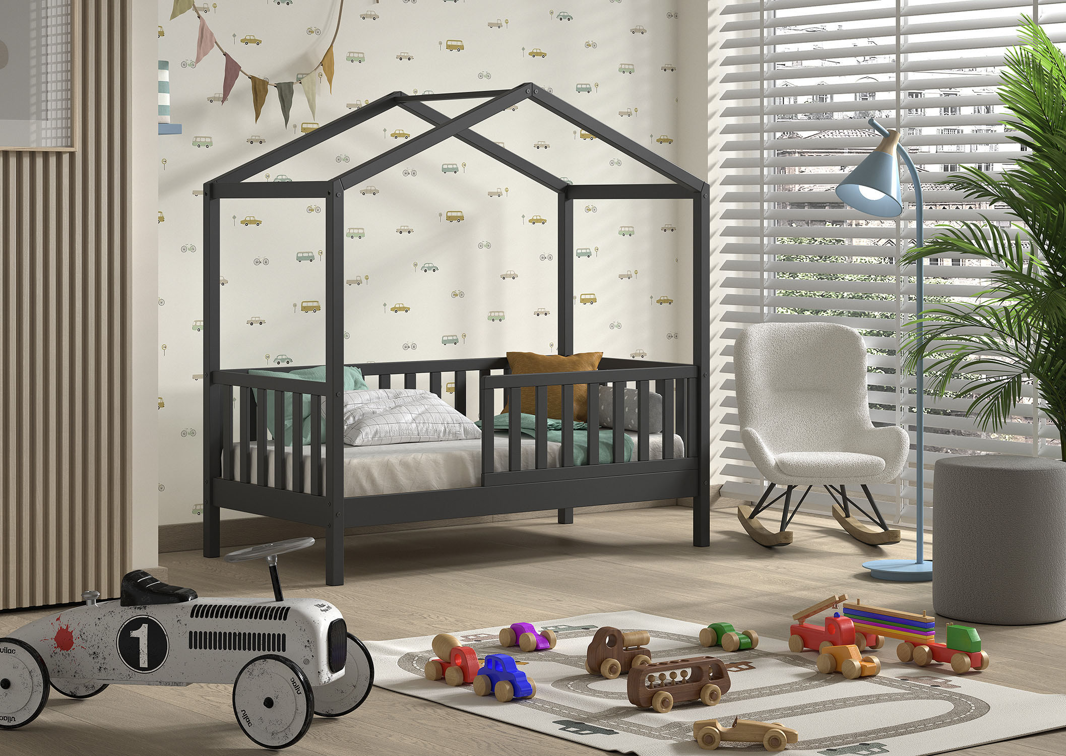 Hausbett HOME AFFAIRE "Junior Hausbett 70/140, umlaufender Rausfallschutz, stabil gebaut", grau (anthrazit, anthrazit, anthrazit), B:75,8cm H:150,5cm L:148cm, Betten, inkl. Rolllattenrost und Dachaufbau Image