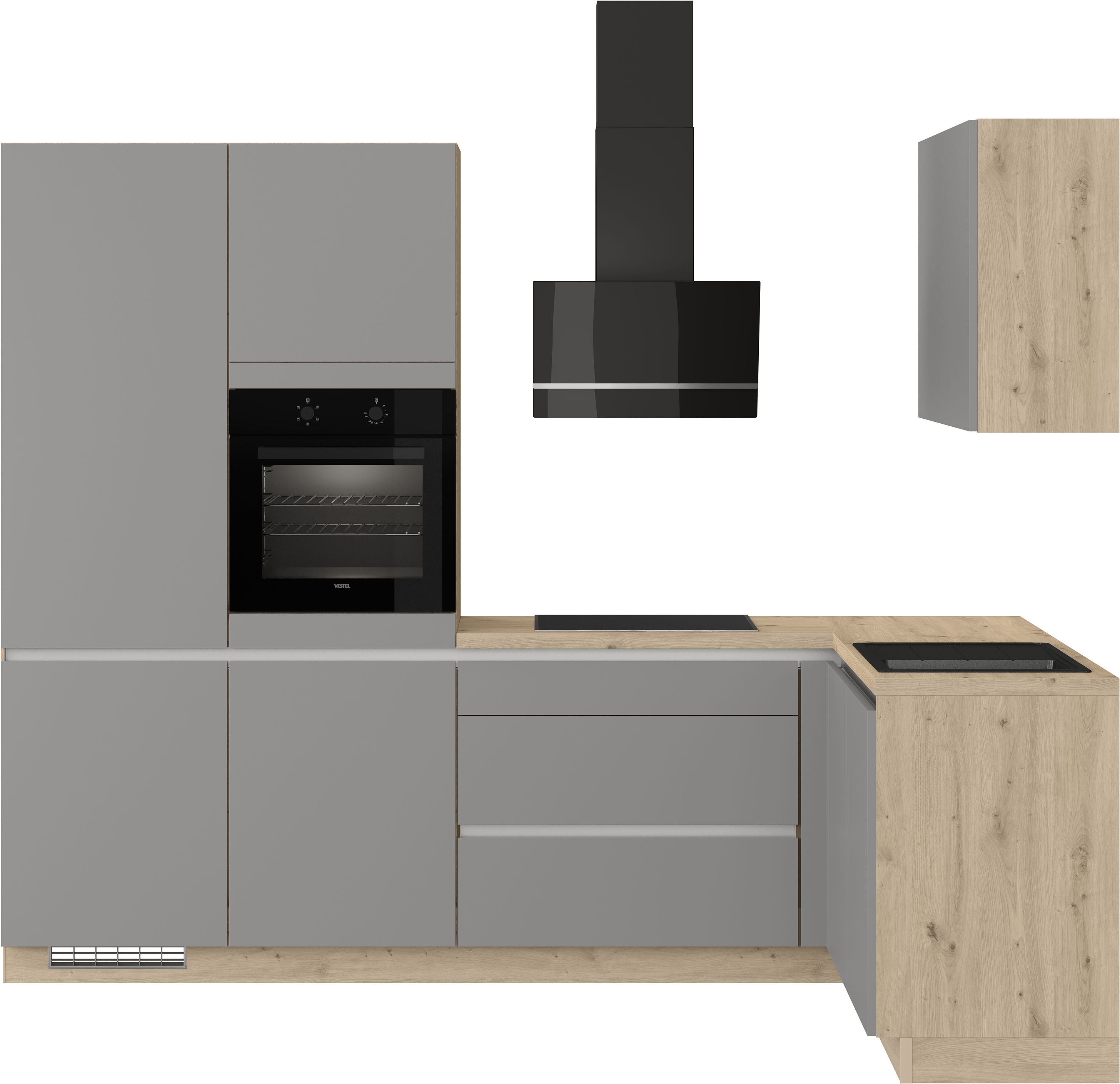 Winkelküche IMPULS KÜCHEN ""Dublin", Anti Fingerprint Oberfläche, Schubkästen mit Soft-Close", grau (küche: grau, front: schiefergrau, korpus: eiche, nachbildung hell, arbeitsplatte: eiche, nachbildung hell), B:460cm H:222cm T:60cm,...