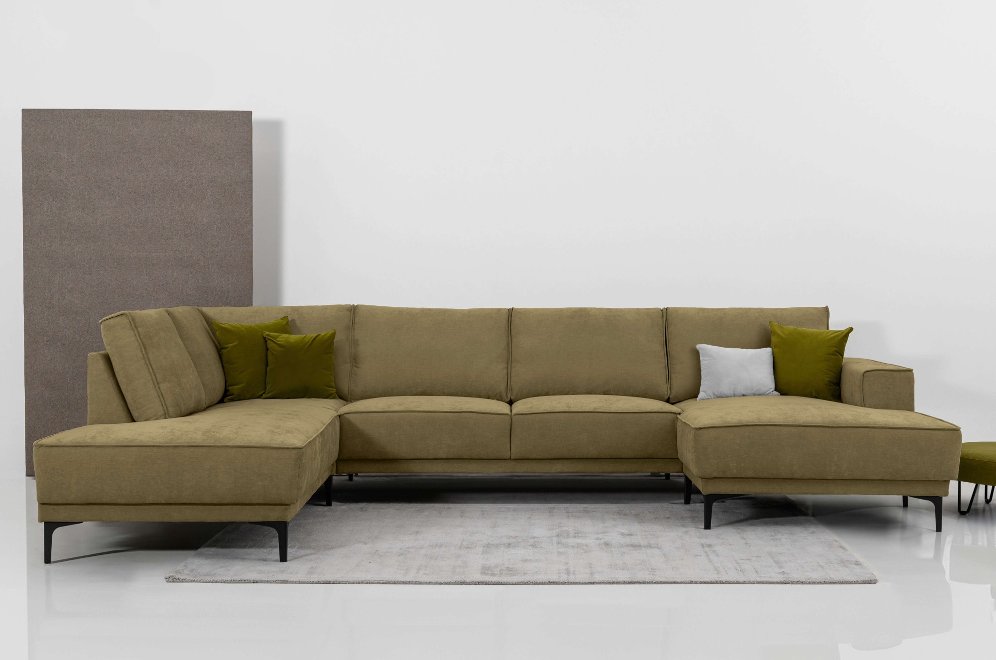 Wohnlandschaft OTTO HOME "XXL Sofa Oland, Struktur, Flachgewebe, Luxus-Microfaser, Boucle", grün (olive), B:345cm H:85cm T:210cm, 100% Polyester, Sofas, Wohnlandschaft, U-Form, 345 cm, Wellenunterfederung, Skandi-Design, Metallfüße