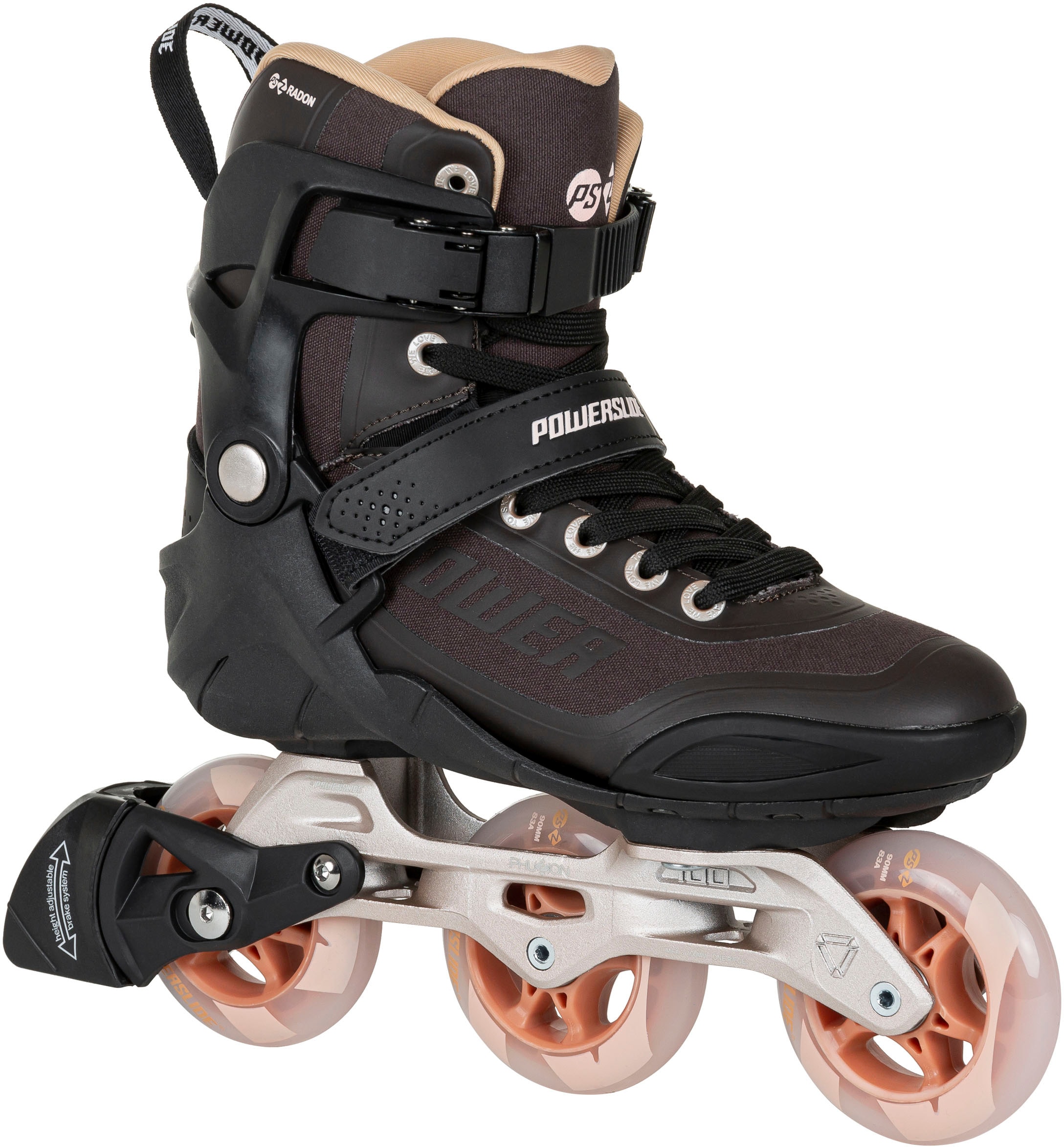 Inlineskates POWERSLIDE "Phuzion Radon Bronze 90" Gr. 40, schwarz (schwarz, braun, bronzefarben), Inlineskates_Rollschuhe, Kinder, 40 (bis 100 kg), Kunstfaser