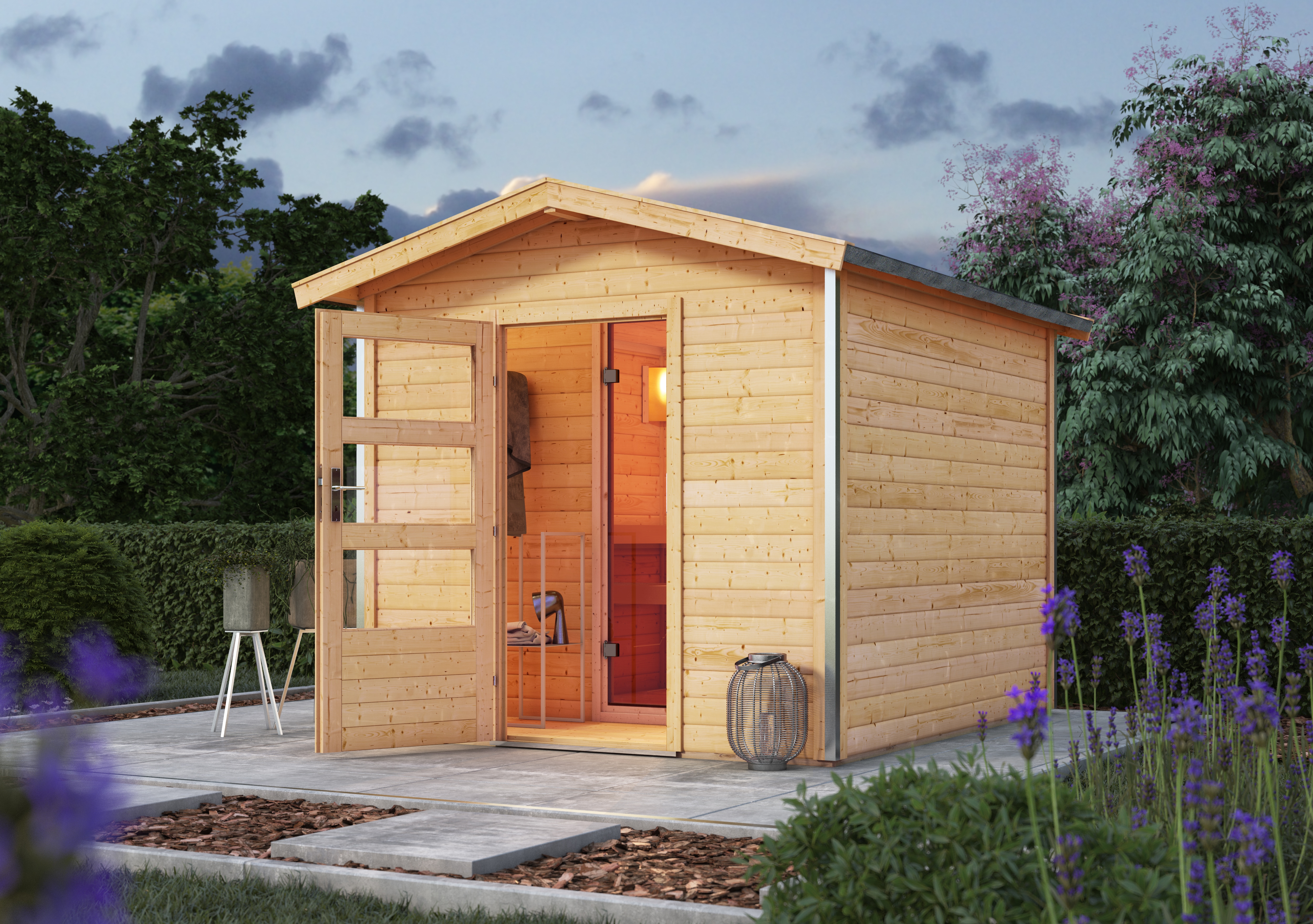 Saunahaus KARIBU "»Bosse 1« mit Vorraum und moderner Tür, naturbelassen", beige (naturbelassen), ohne Ofen, ohne Steuerung, (ohne Ofen), Saunen