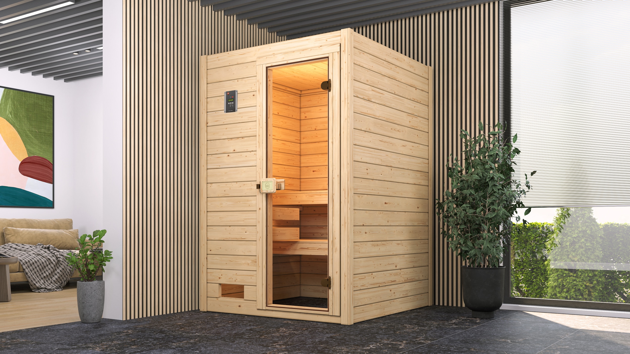 Sauna WEKA "Massivholzsauna VALIDA 1", beige (natur), Saunaofen, integrierte Steuerung, 3,6 kW, Saunen, Blockbohlen, moderne Ganzglastür