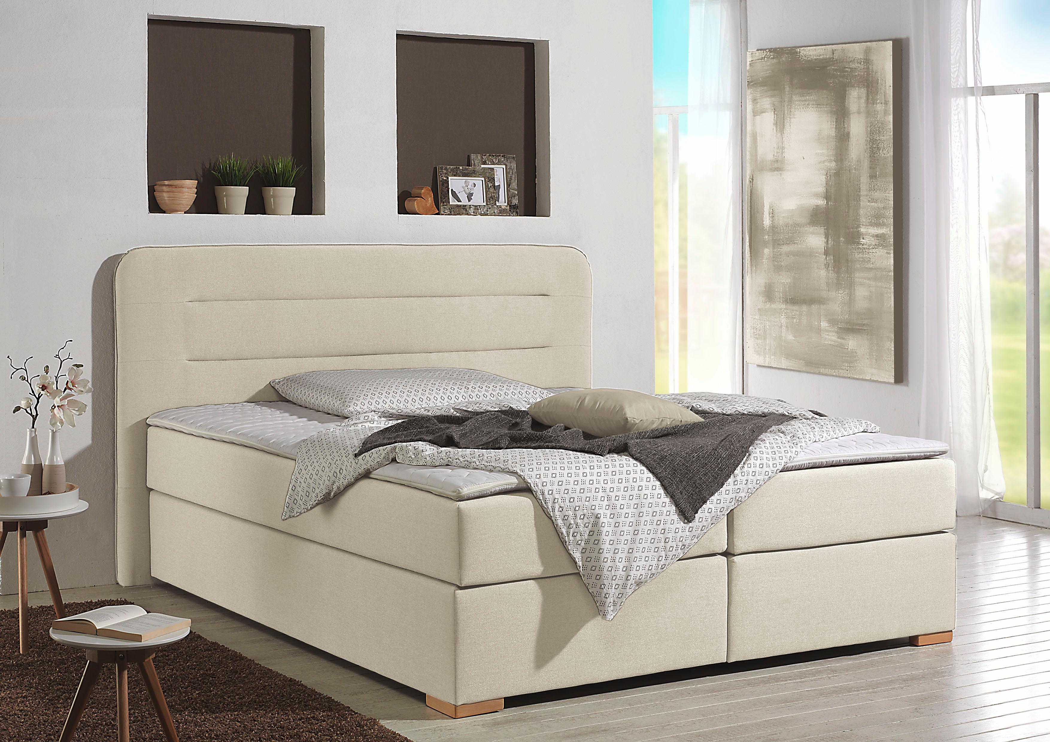 Boxspringbett HOME AFFAIRE "Manchester", beige (creme), B:200cm L:208cm, Strukturstoff-Bezug (100% Polyester), Komplettbetten, Boxspringbett, 5 Breiten, 3 Ausführungen, 2 Härtegraden, Topper, Steppung Image