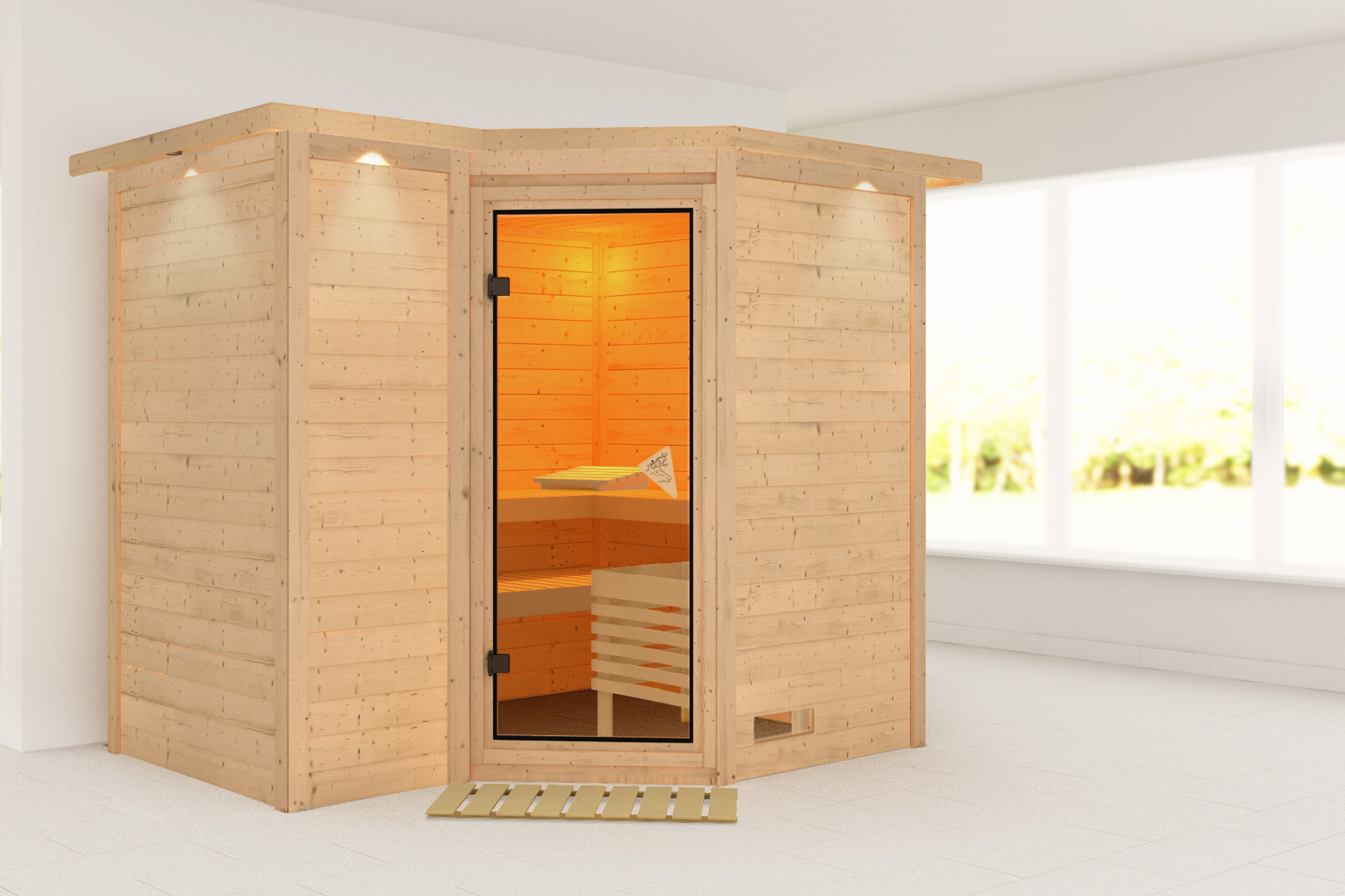 Sauna KARIBU "Sanna 2", beige (naturbelassen), ohne Ofen, (ohne Ofen), Saunen, ohne Ofen
