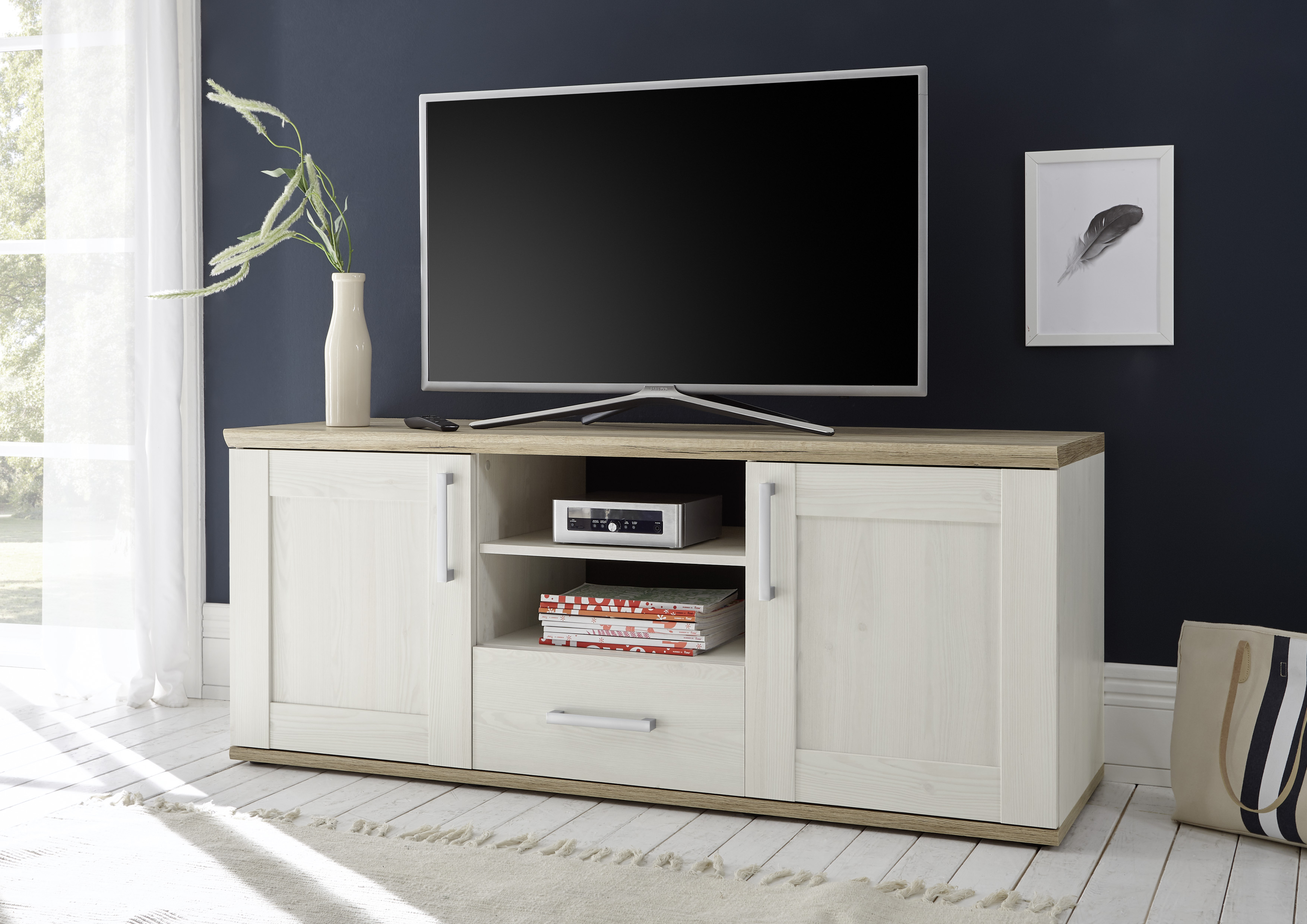 Lowboard HBZ "Romance Landhaustil, TV Möbel bis 55 Zoll, BxHxT 143x59x50 cm", weiß (sibiu lärche, ober und unterboden san remo hell), B:143cm H:59cm T:50cm, Holzwerkstoff, Sideboards, Mit 2 Türen, 2 offene Fächer, 1 Schubkasten