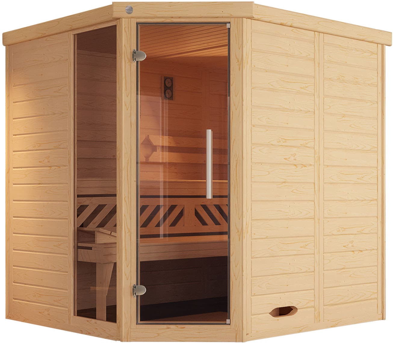 Sauna WEKA "Design-Sauna KEMI Eck 1", beige (natur), ohne Ofen, ohne Steuerung, (ohne Ofen), Saunen, naturbelassenes Fichtenholz, Fensterelement, moderne Glastür