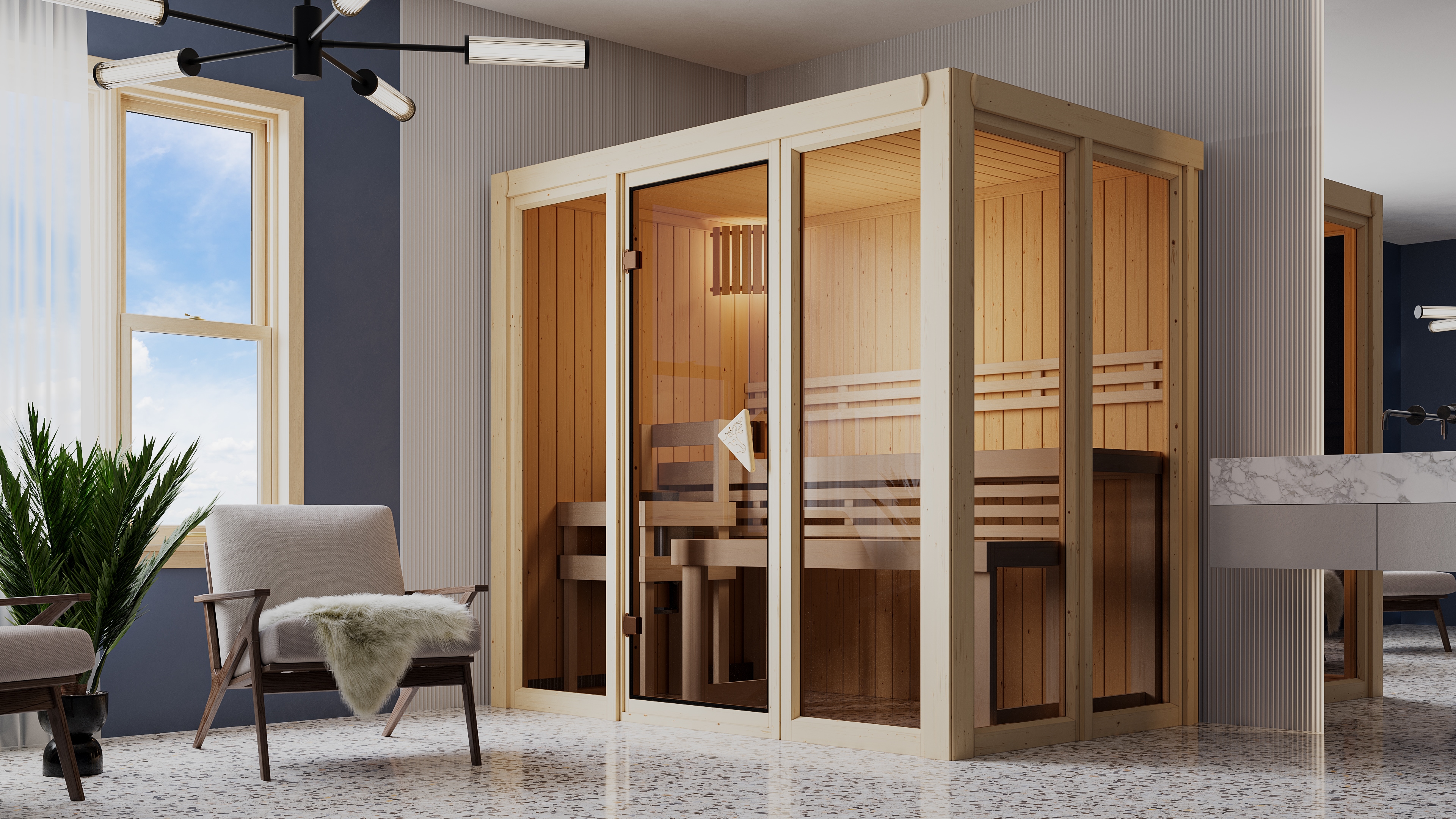Sauna KARIBU "Vivi 3", beige (naturbelassen), Bio-Ofen, externe Steuerung, 3,6 kW, Saunen Image