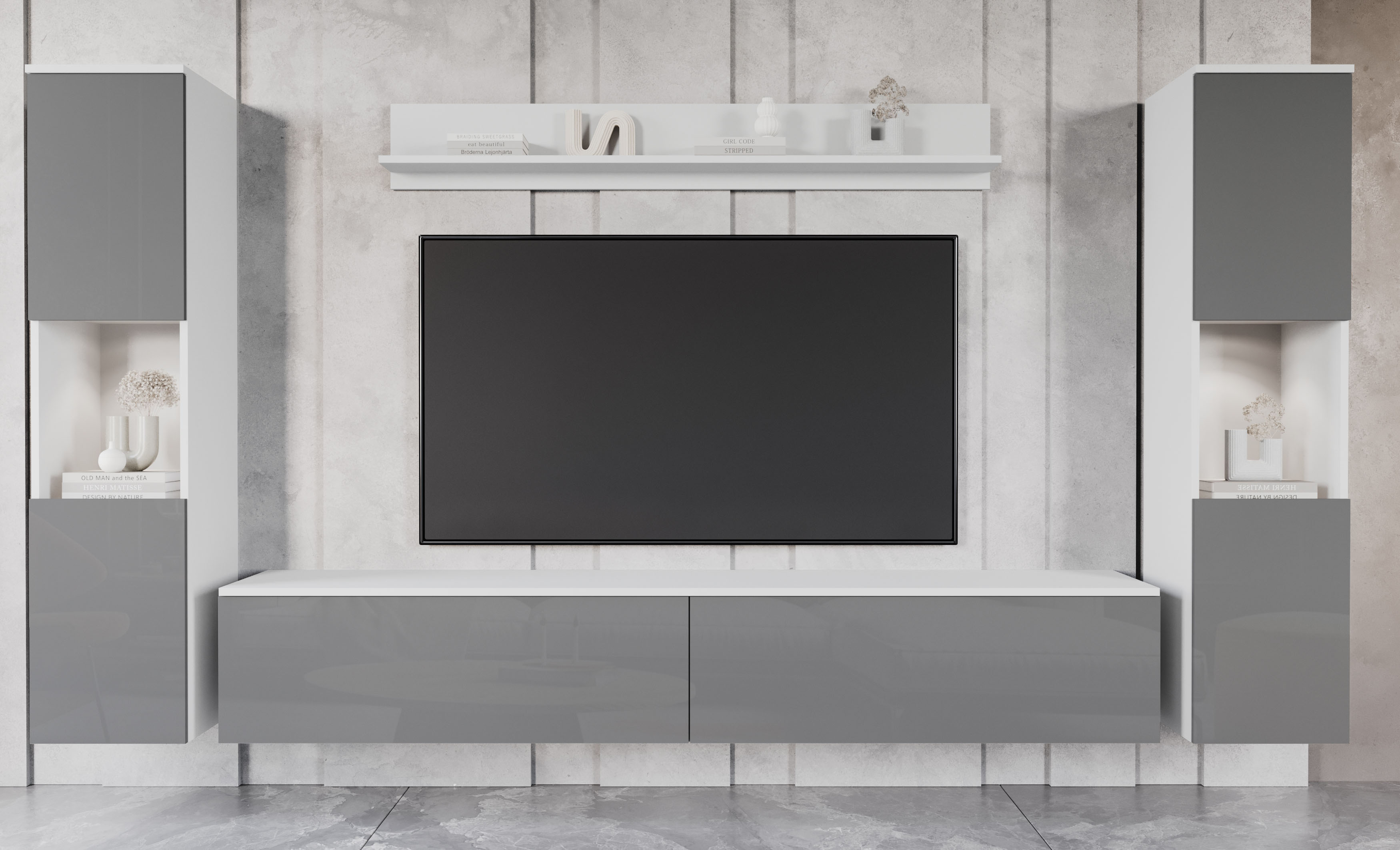 Wohnwand INOSIGN "PARIS, Vitrine Türanschlag links/rechts wechselbar", weiß (weiß matt, grau hochglanz), B:260cm H:130cm T:33cm, Hartfaserplatte, Kastenmöbel-Sets, grifflose Design, stehend und hängend montierbar