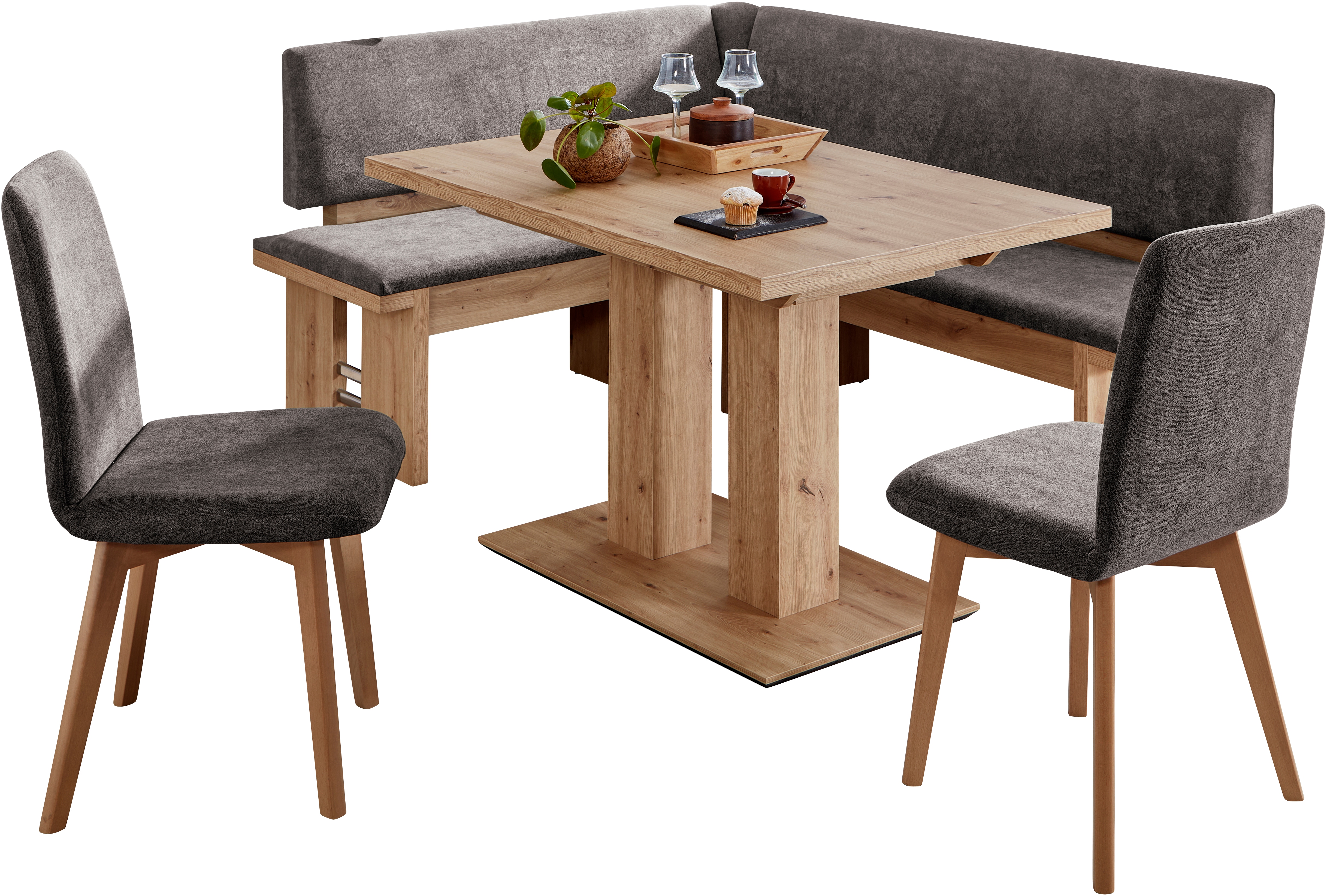 Eckbankgruppe MASSIVLINE & MORE "Enns, Eckbank mit Tisch und Stühlen, Sitzecke, Eckbank Garnitur", braun (artisan oak, braun, braun), B:138cm H:88cm T:54cm, Dekorfolie, Stoff, Sitzmöbel-Sets, umstellbar, Topseller