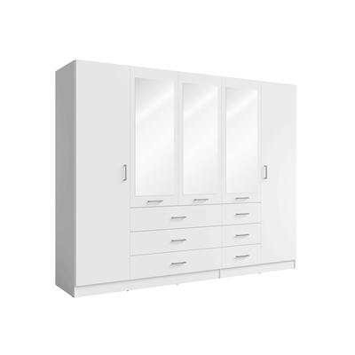 Kleiderschrank HOME AFFAIRE "KOS Garderobe mit 6 Schubladen, Kleiderstange, 5 Einlegeböden, Spiegel", weiß, B:250cm H:200,5cm T:58cm, Melamin, Schränke, Wäscheschrank mit 5 Drehtüren, silber Griffen, Maße B/H/T 250/200/58cm Image