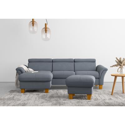 Ecksofa HOME AFFAIRE "Lindgren L-Form", blau (hellblau), B:258cm H:84cm T:169cm, 100% Polyester, Sofas, wahlweise mit Bett mit klappbaren Rollen, Kasten und Kopfverstellung Image