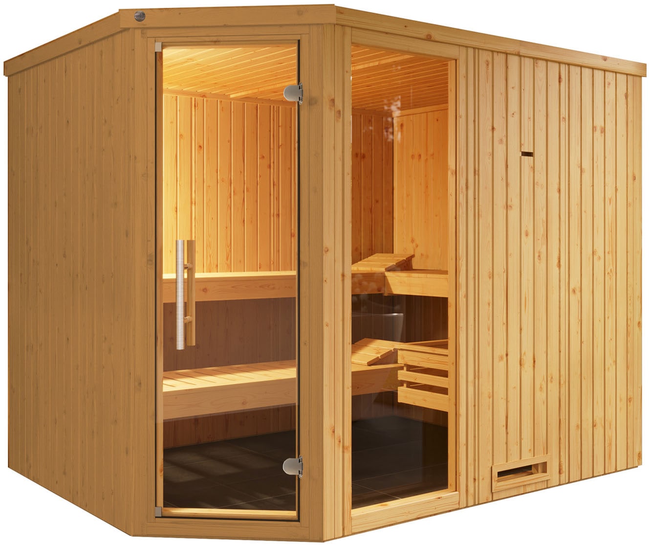 Sauna WEKA "Element-Ecksauna VARBERG 4", beige (natur), Bio-Ofen, externe Steuerung, 9 kW, Saunen, vorgefertigte Elemente, Fensterelement, moderne Ganzglastür Image