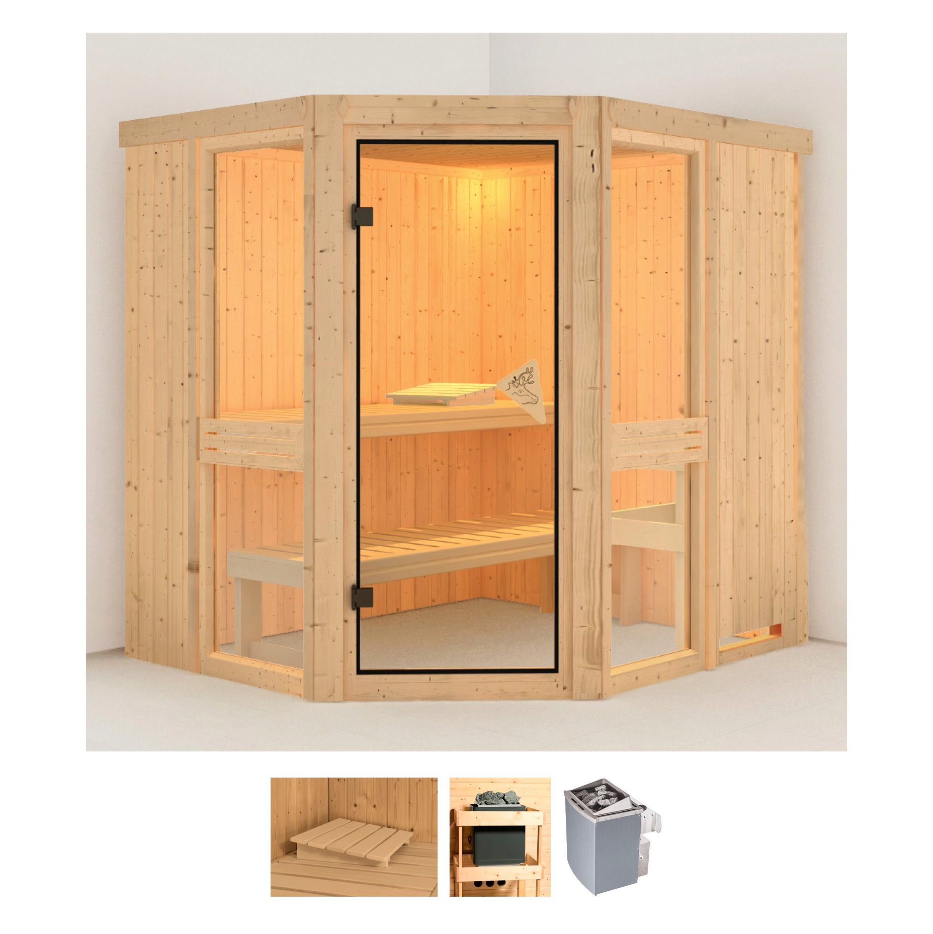 Sauna KARIBU "Aline 1", beige (naturbelassen), Saunaofen, integrierte Steuerung, 9 kW, Saunen, Ofen 9 kW integr. Strg
