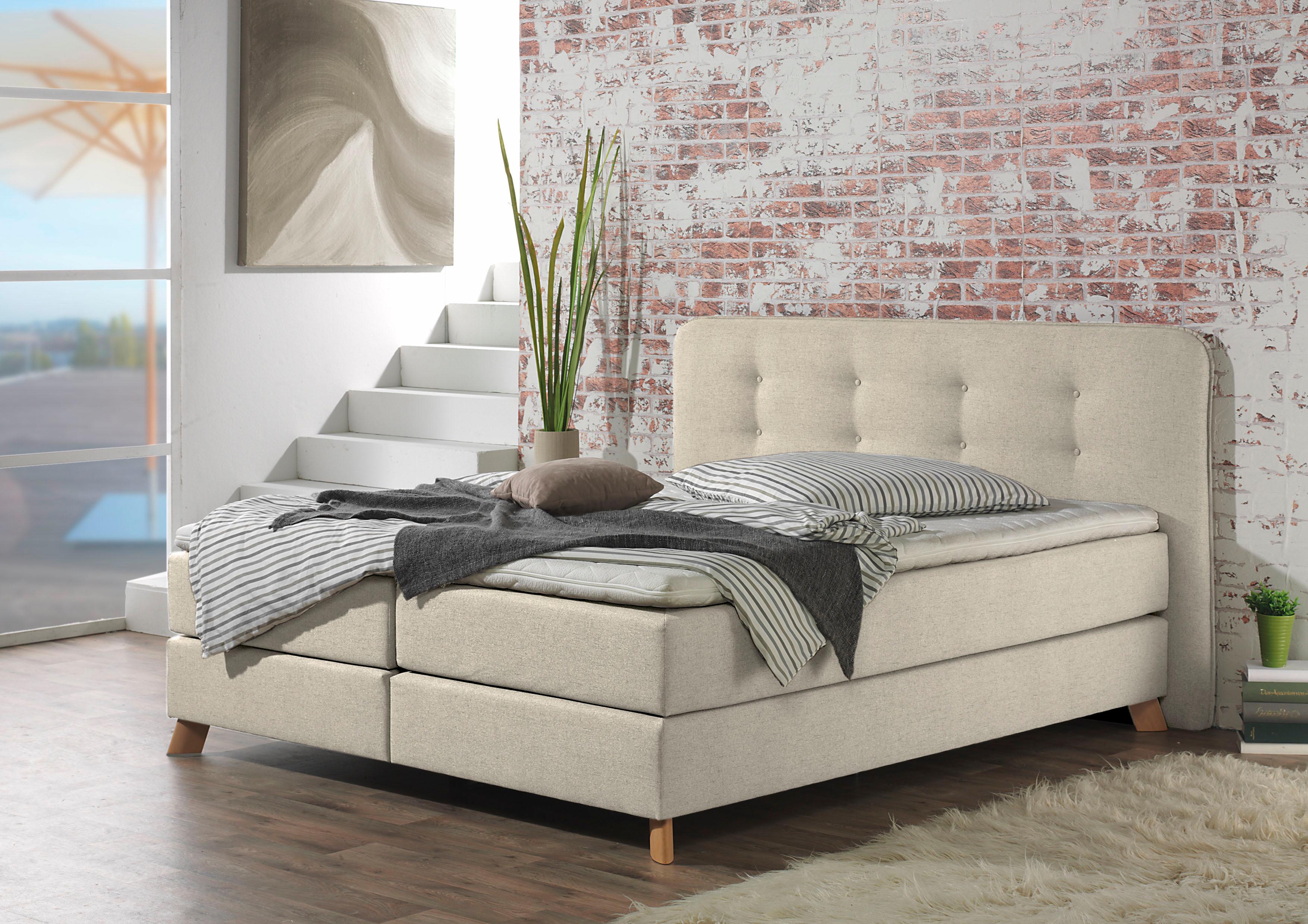 Boxspringbett HOME AFFAIRE "Cecina", beige (creme), B:182cm L:210cm, Struktur fein (100% Polyester), Komplettbetten, Boxspringbett, in 5 Breiten, 3 Ausführungen, 2 Härtegrade, Knopfheftung, Topper Image