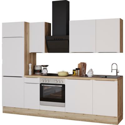 Küchenzeile KOCHSTATION "KS-Aken", weiß (front: weiß matt, korpus: wildeichefarben, arbeitsplatte: eiche struktur), B:270cm H:212cm T:60cm, Komplettküchen-Sets, Küchenzeile, Breite 270 cm, wahlweise mit E-Geräten, mit Arbeitsplatte 38 mm stark Image