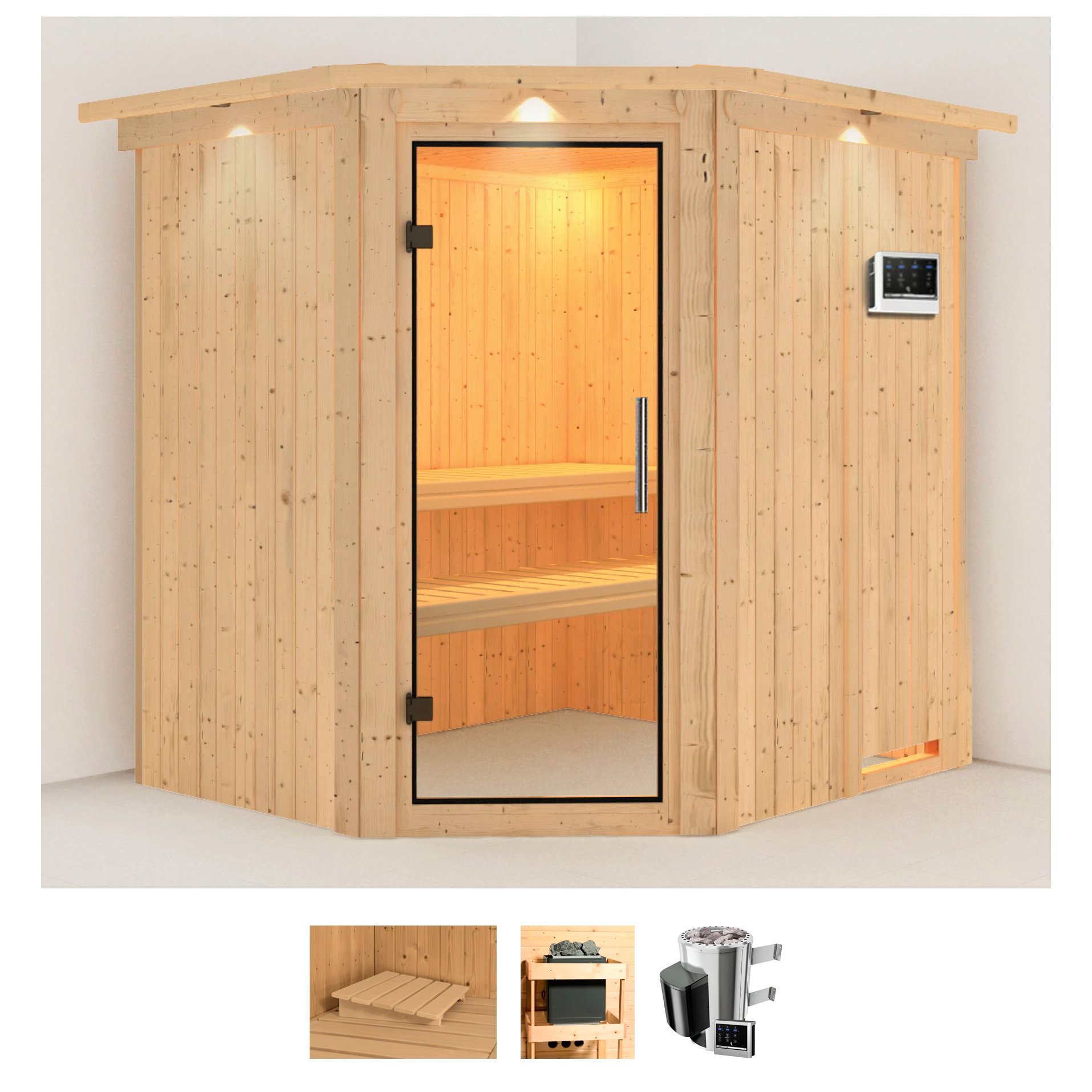 Sauna KARIBU "Laila", beige (naturbelassen), Bio-Kombiofen, externe Steuerung, 3,6 kW, Saunen, Ofen 3,6 kW Bio-Ofen externe Strg. easy