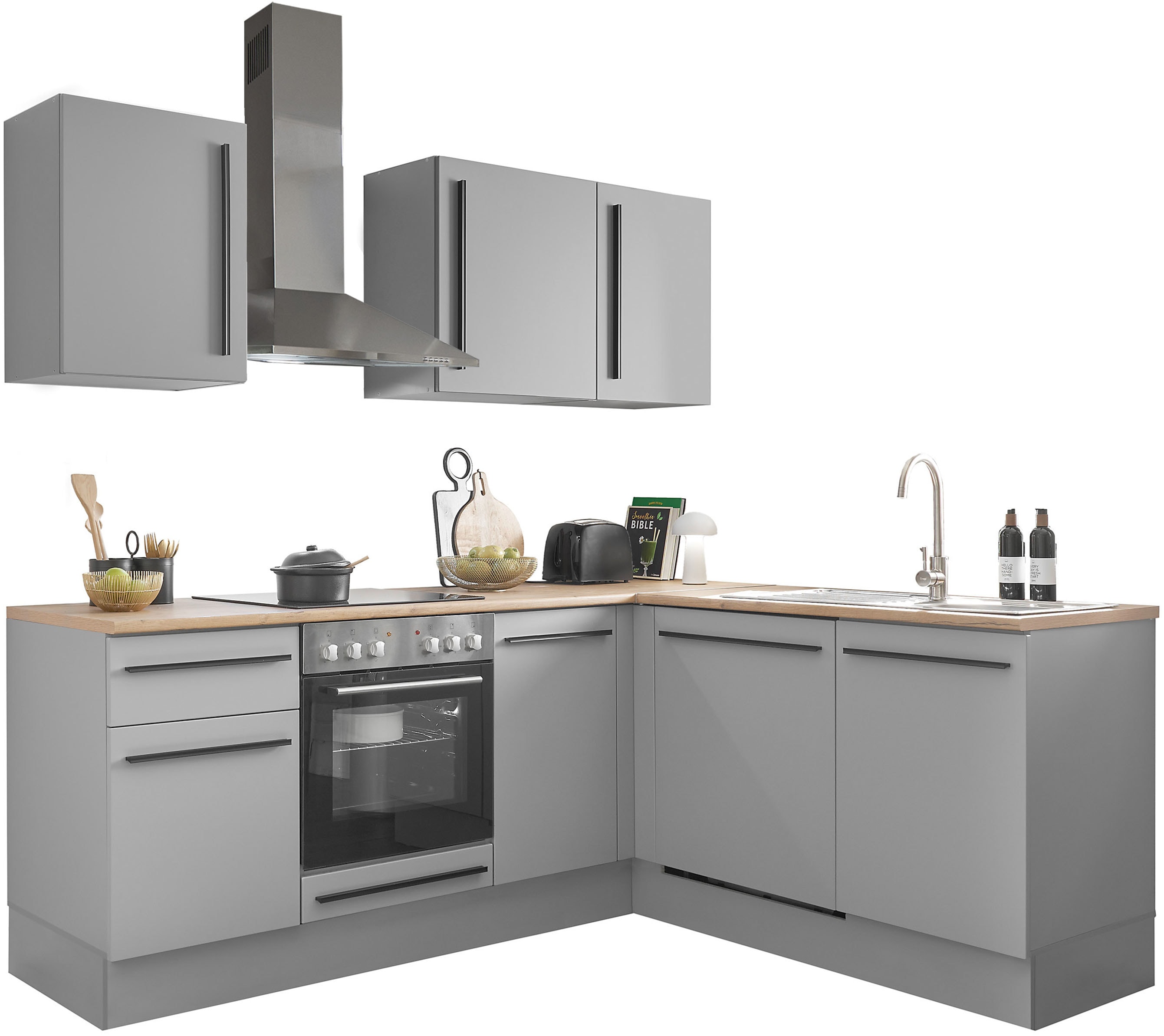 Winkelküche BASIC BY BALCULINA "Denver, Küche BxHxT 220/115 x 211 x 60", grau (küche: grau, korpus: grau matt, arbeitsplatte: lanzelot eiche), B:220cm H:211cm T:60cm, Komplettküchen-Sets, Küchenzeile, Breite 220 cm, wahlweise mit E-Geräten und...