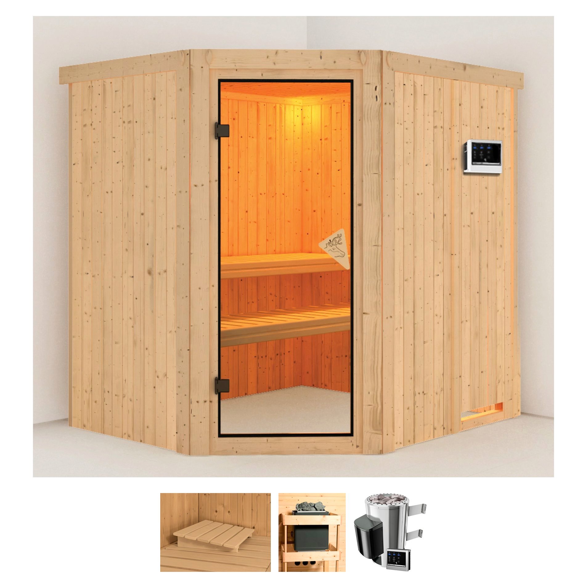Sauna KARIBU "Laila", beige (naturbelassen), Saunaofen, externe Steuerung, 3,6 kW, Saunen, Ofen 3,6 kW externe Strg.easy