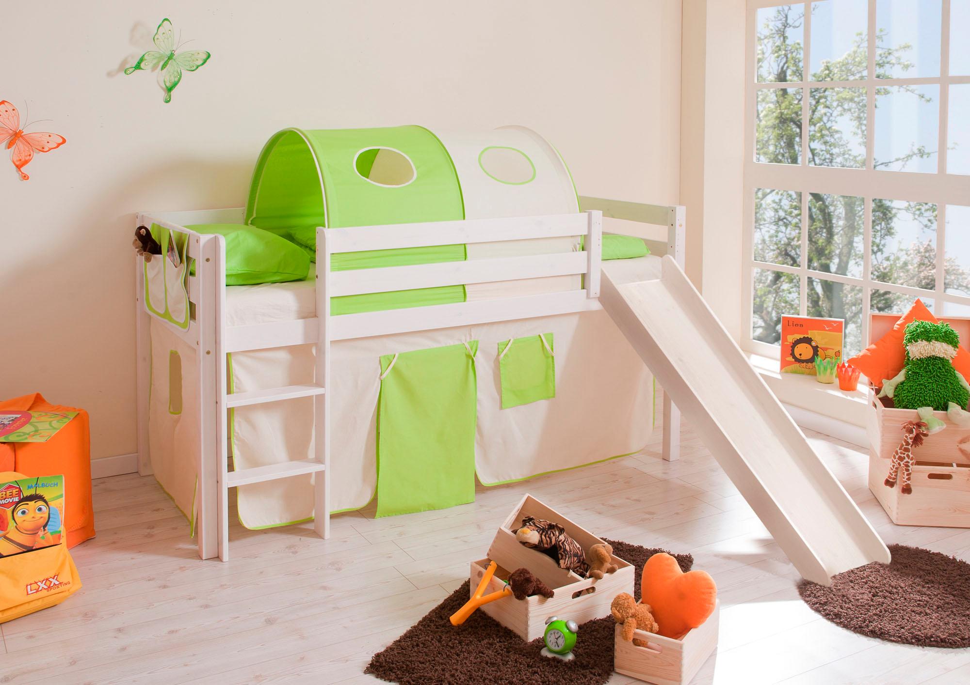 Hochbett TICAA "Manuel", beige (kiefer massiv weiß, fußball grün weiß), B:217cm H:114cm L:205cm, Hochbetten, Hochbett, mit Rollrost in verschied. Ausführungen wahlweise mit Matratze, weiß