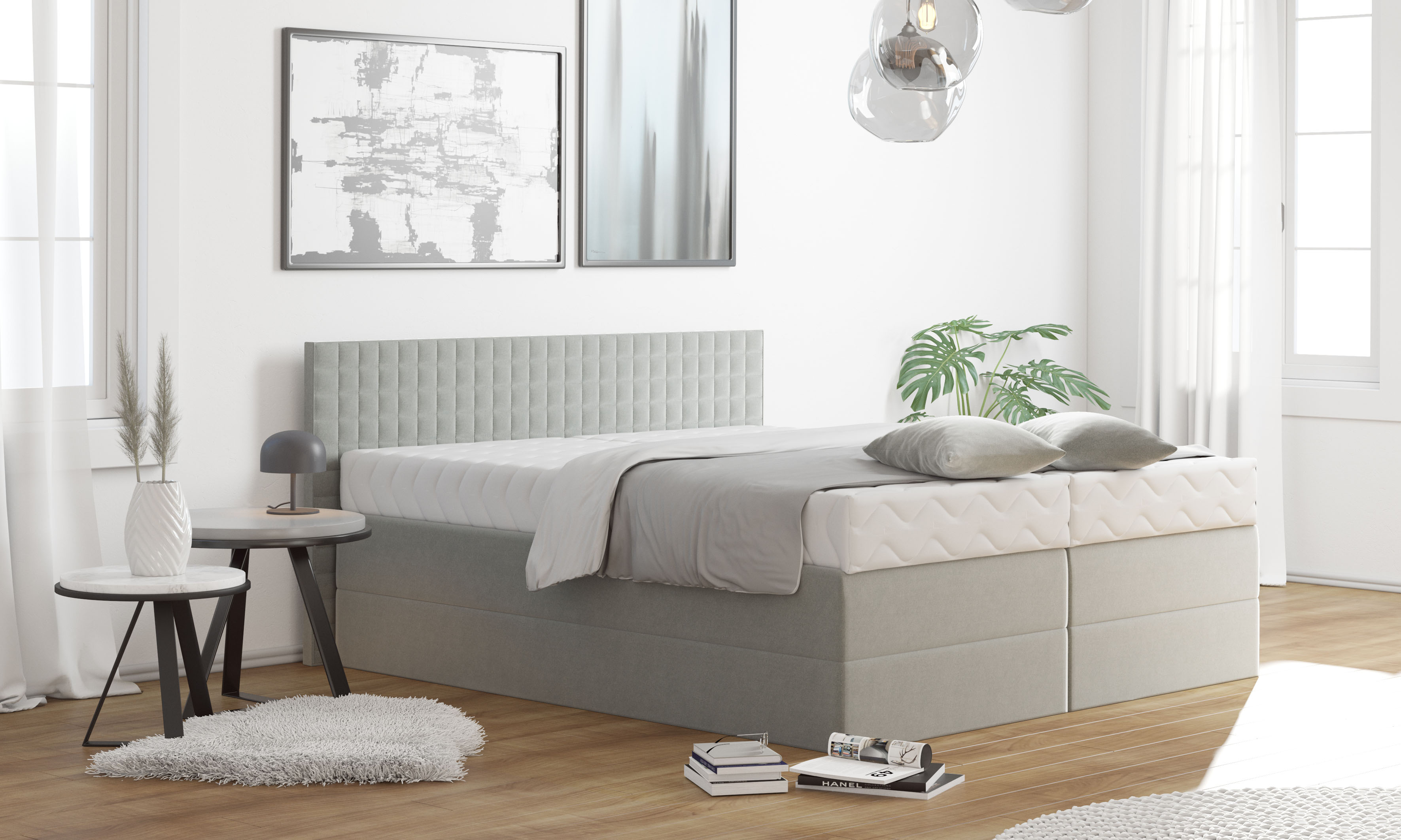 Boxspringbett, grau, B:195cm L:210cm, Bezug: 100% Polyester;Polsterwatte: 100% Polyester, WESTFALIA SCHLAFKOMFORT, Komplettbetten, Boxspringbett, mit Zierkissen, wahlweise mit Topper Image