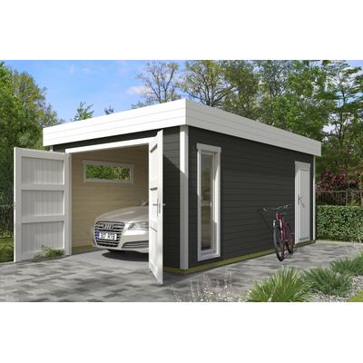 Garage NORDIC HOLZ "BAHAMAS 2", grün (grüngrau), B:360cm H:250,8cm L:540cm, Massivholz, Garagen, BxT: 380x560 cm, 197 cm Einfahrthöhe, mit Holztor Image
