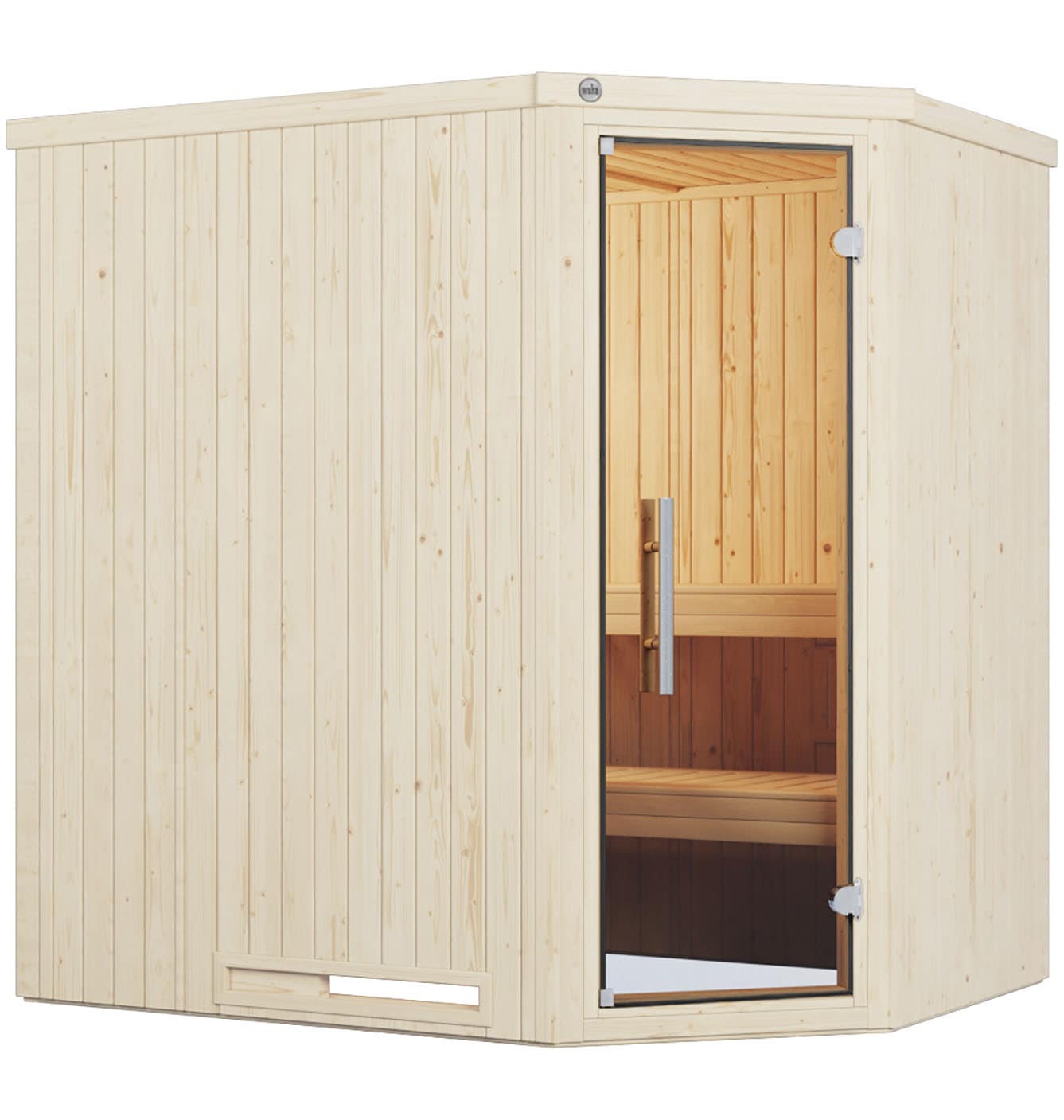Sauna WEKA "Element-Ecksauna VARBERG 1", weiß, Bio-Ofen, externe Steuerung, 7,5 kW, Saunen, vorgefertigte Elemente, moderne Ganzglastür