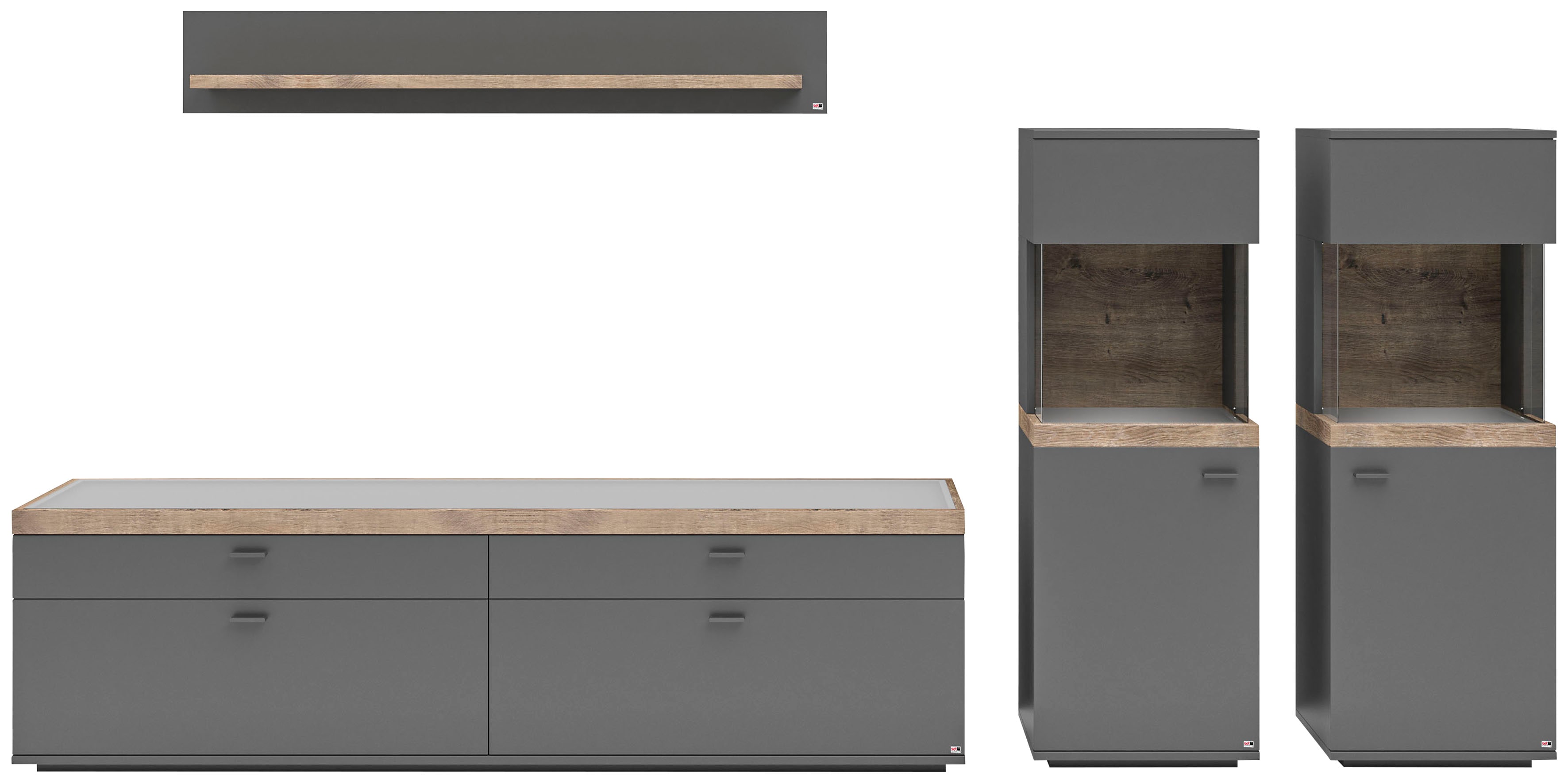 Wohnwand "Lancaster", grau (grau mit eiche ribbeck cognac), B:330,2cm H:170cm T:43,6cm, SET ONE BY MUSTERRING, Kastenmöbel-Sets, 4-teilig mit Fronten in weiß oder grau, Breite ca.330cm