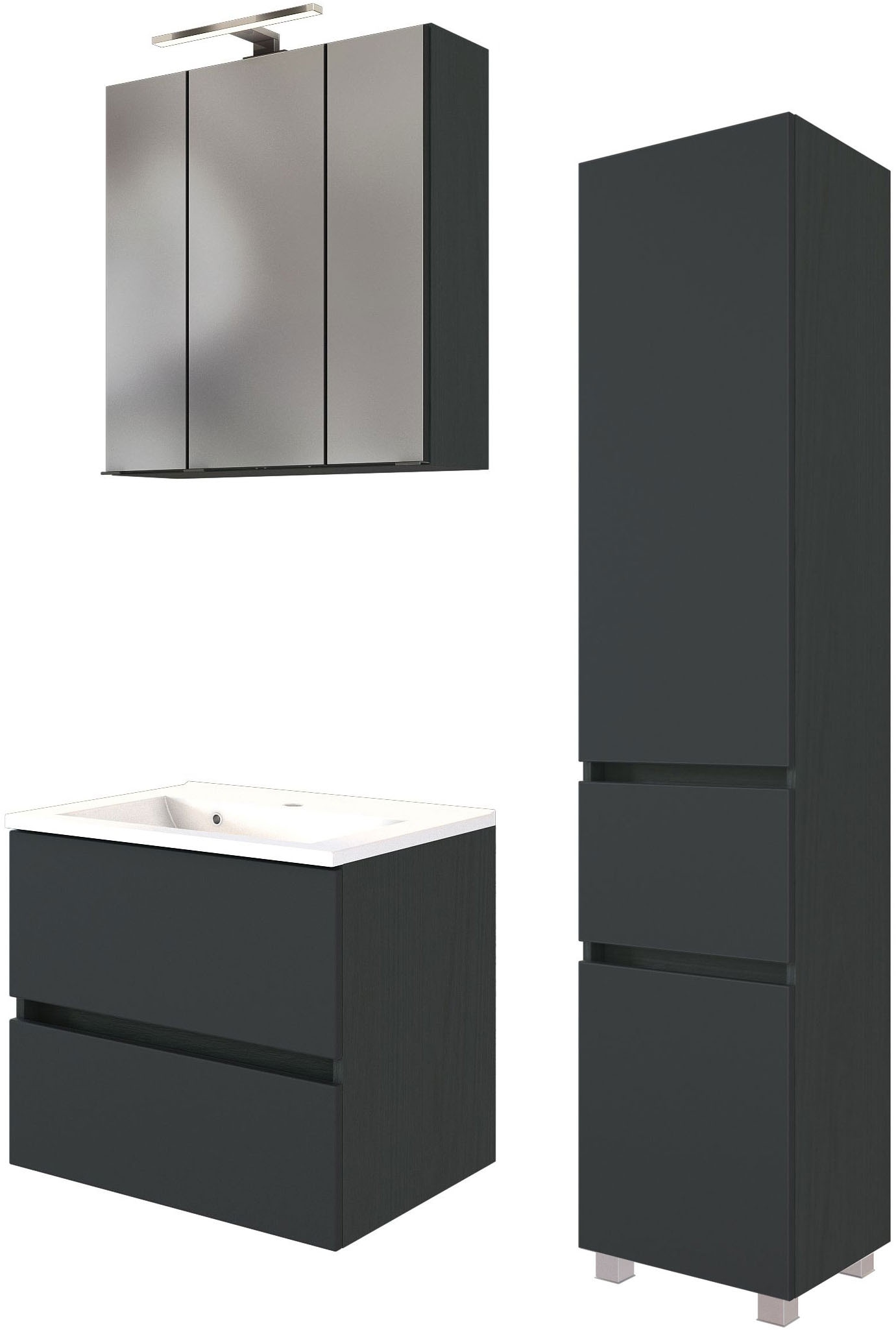 Badmöbel-Set WELLTIME "Welltime Möbel Baabe Waschtisch-Set 3tlg. oder 5tlg.", grau (matt grau), Set 5 3tlg.: Waschtisch 60cm breit, Spiegelschrank 60cm breit, Seitenschrank, Holzwerkstoff, Kastenmöbel-Sets, Badmöbel-Set, gedämpfte Scharniere und...