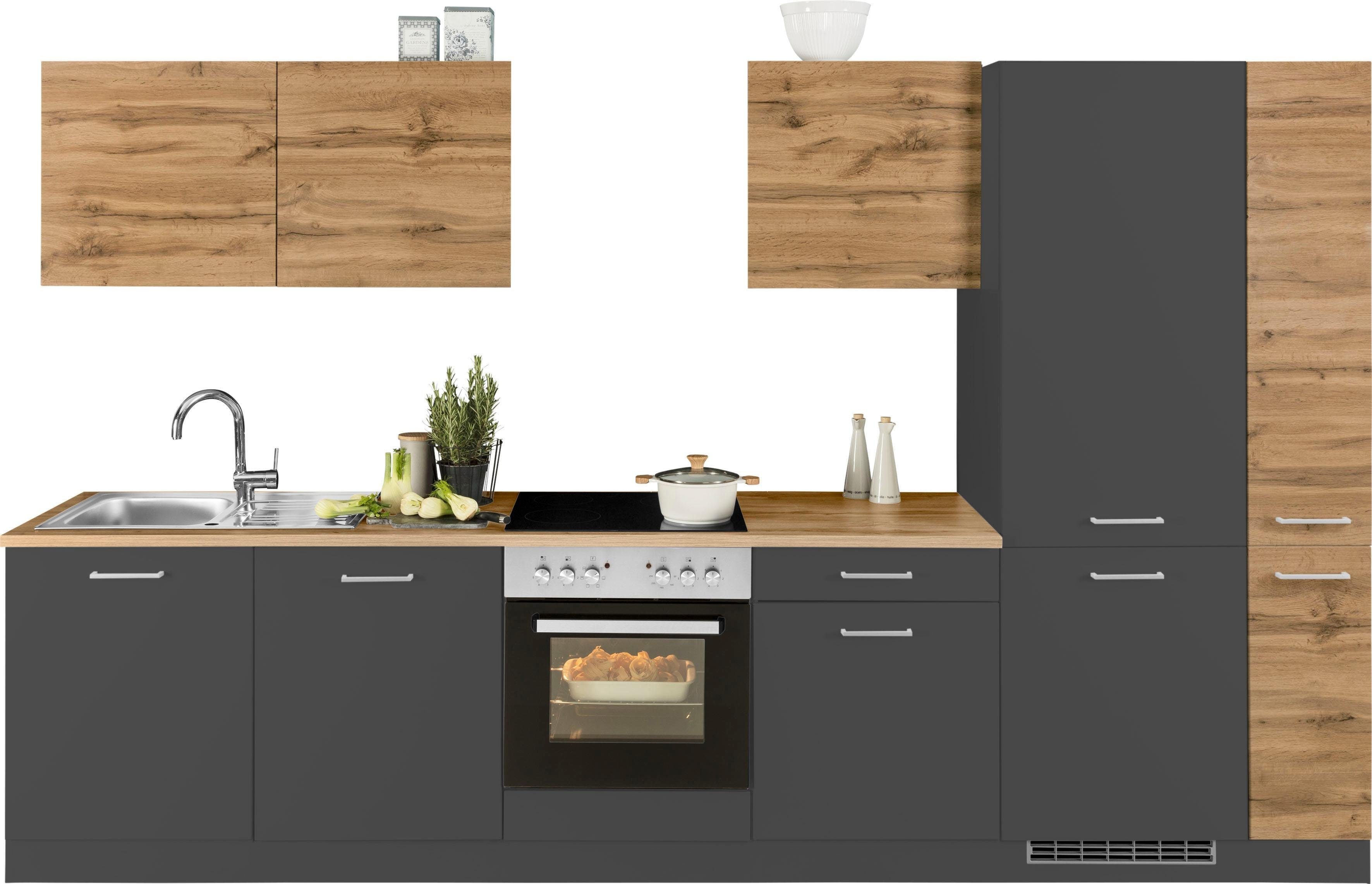 Küchenzeile KOCHSTATION "KS-Kehl", küche: grau, korpus: grafit, arbeitsplatte: wotaneichefarben, B:330cm T:60cm, Komplettküchen-Sets, ohne E-Geräte, 330cm, für Kühl/Gefrierkombination und Geschirrspüler Image