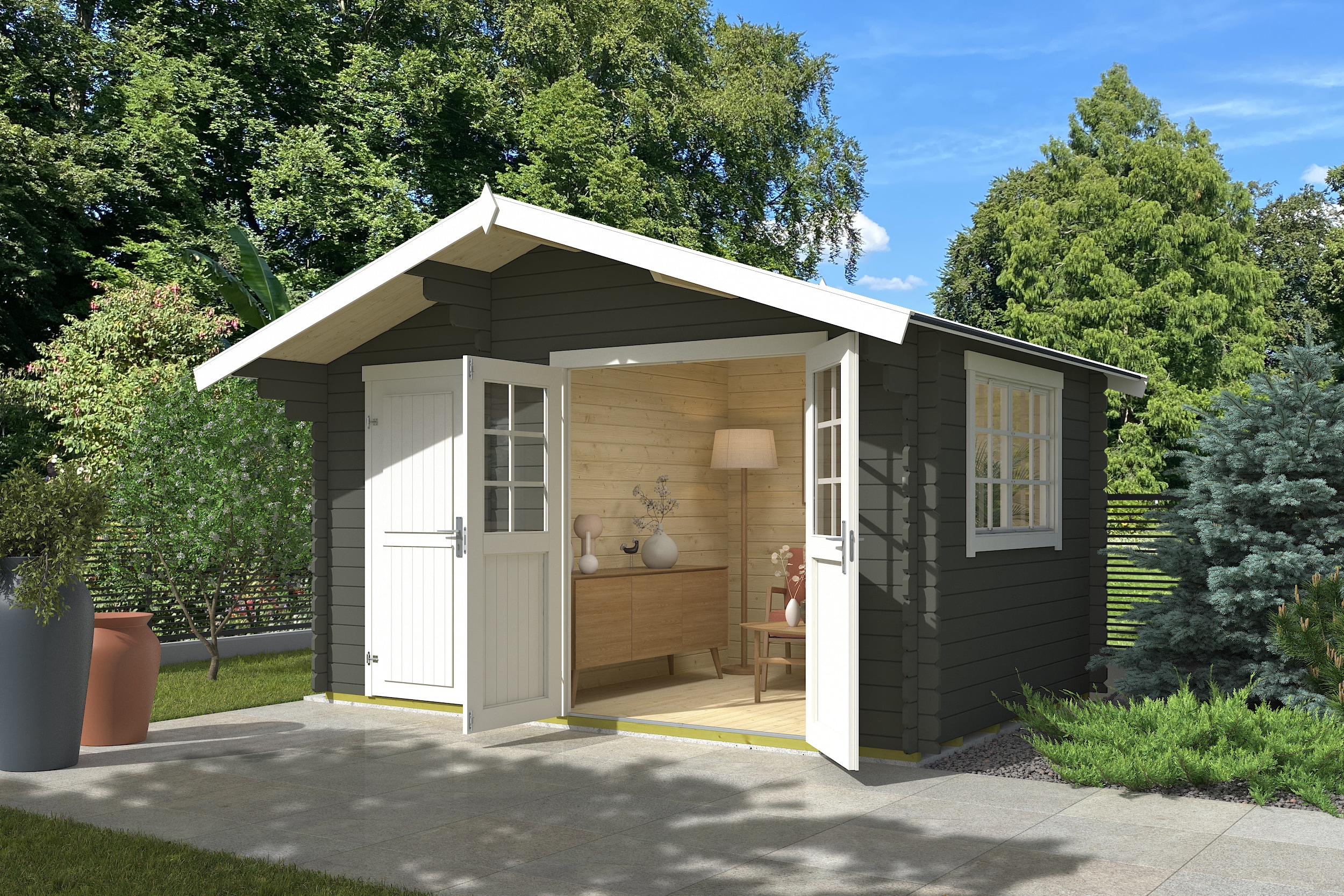 Gartenhaus NORDIC HOLZ "2-Raum Haus Keila 28", grün (grüngrau), Fußboden im Gartenhaus, Massivholzdach, Holz, Gartenhäuser Image