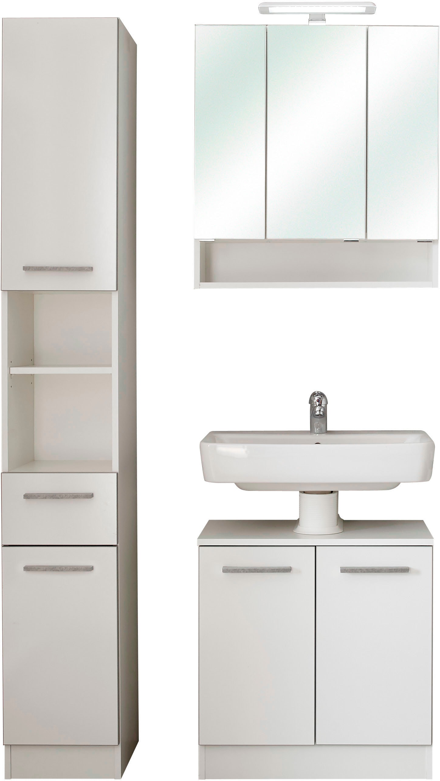 Badmöbel-Set SAPHIR "Quickset 953 3-teilig, Waschbeckenunterschrank und LED-Spiegelschrank", weiß (weiß glanz mit betonkante, weiß), B:95cm H:200cm T:33cm, Holzwerkstoff, Kastenmöbel-Sets, in Weiß Glanz, Badmöbel inkl. Türdämpfer, ohne Waschbecken,... Image