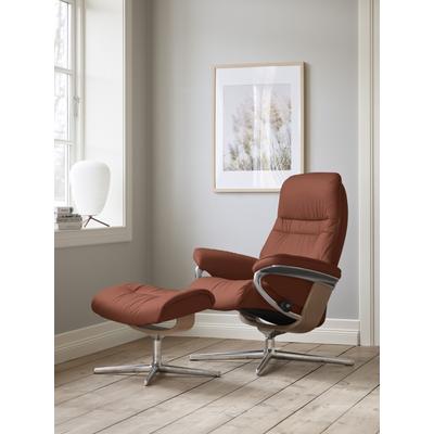 Relaxsessel STRESSLESS "Sunrise", rot (henna paloma), B:92cm H:105cm T:80cm, Leder PALOMA: PALOMA ist ein durchgefärbtes Semianilin-Möbelleder mit natürlicher Narbung., Sessel, mit Hocker, mit Cross Base, Größe S, M & L, Holzakzent Eiche Image