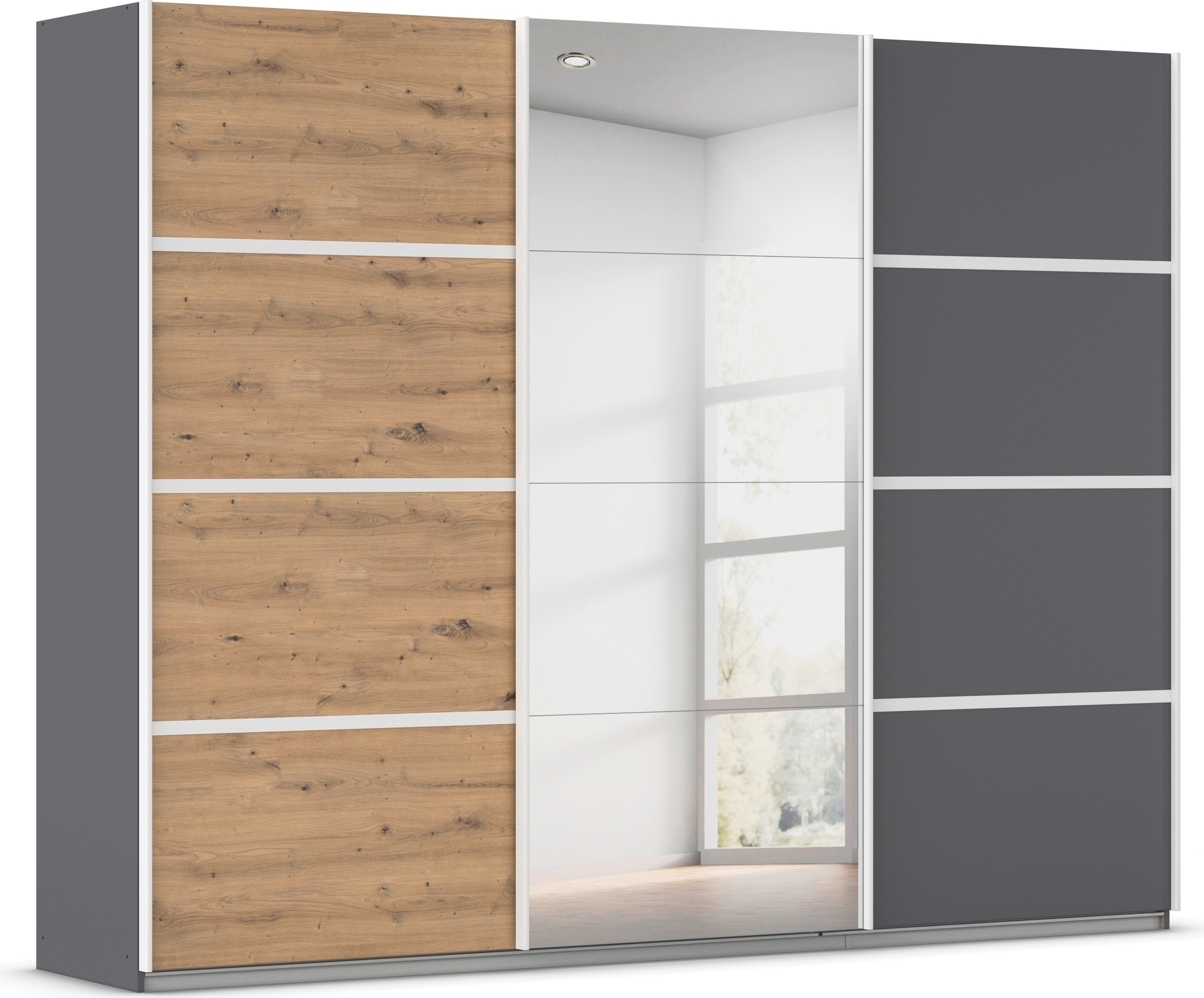 Kleiderschrank RAUCH "Schwebetürenschrank OTTO´s Choice Garderobe Schrank TOP ANGEBOT Avola", grau (graumetallic, eiche artisan, leisten weiß), B:271cm H:210cm T:62cm, Holzwerkstoff, Schränke, Kleiderschrank, mit eleganten Zierleisten in Chrom,... Image