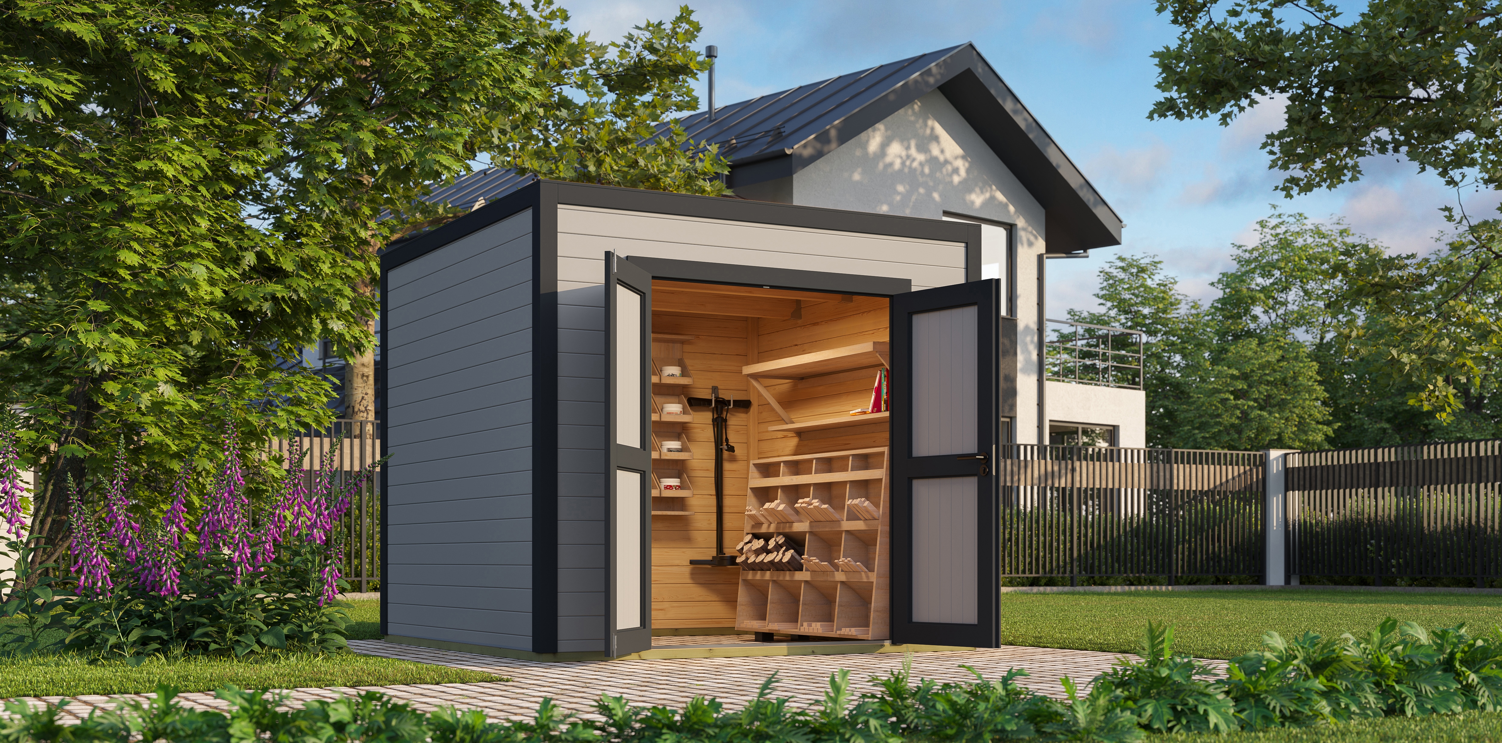 Gartenhaus NORDIC HOLZ "Fynn 2", grau (lichtgrau), ohne Fußboden, ohne Dacheindeckung, Holz teilmassiv, Gartenhäuser, Gartenhaus, kleiner stilvoller Schuppen mit Flachdach